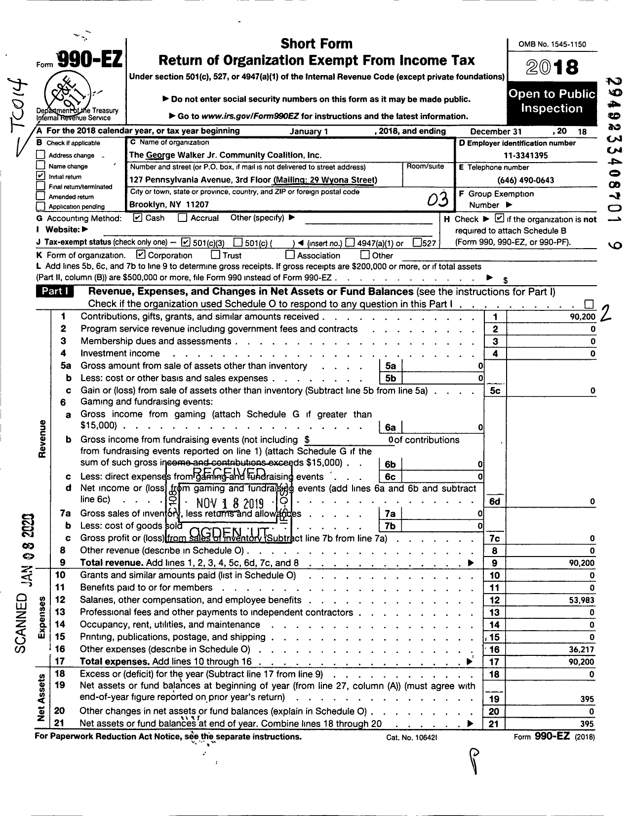 Image of first page of 2018 Form 990EZ for The George Walker JR Community Coalition