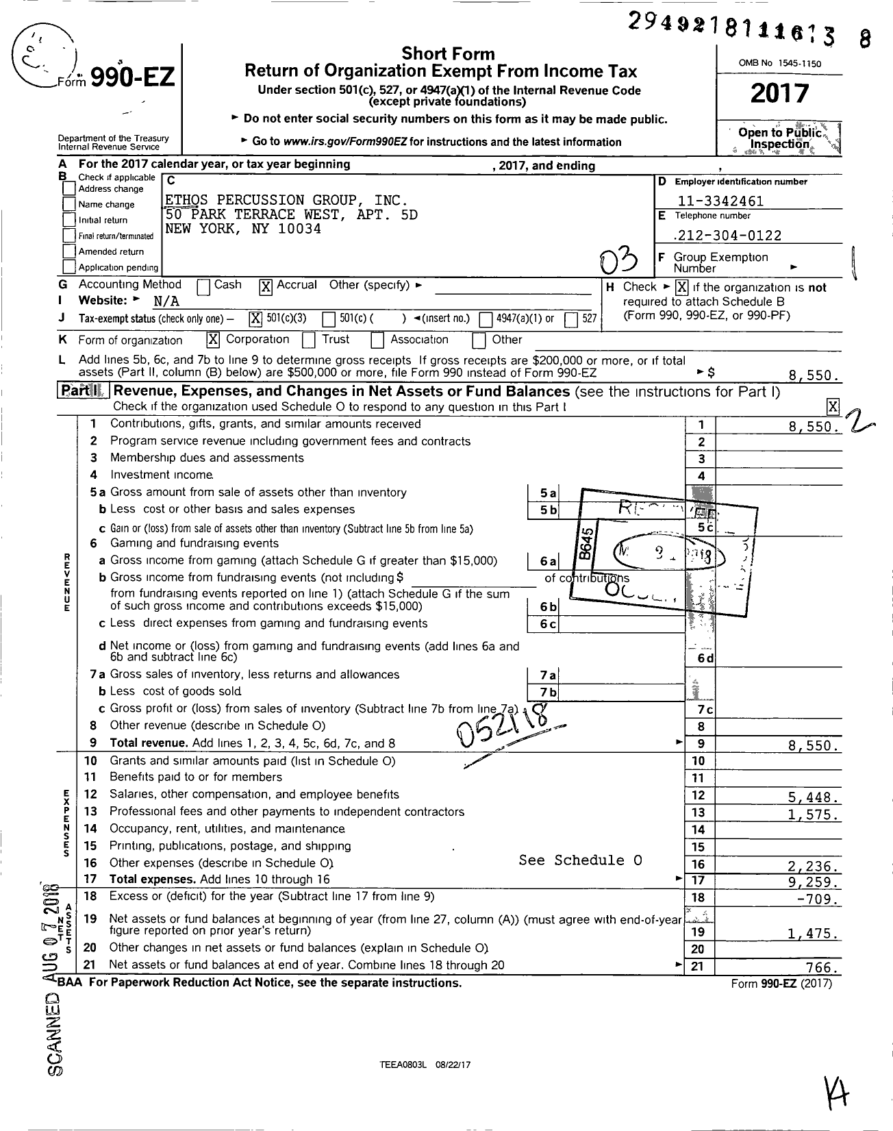 Image of first page of 2017 Form 990EZ for Ethos Percussion Group