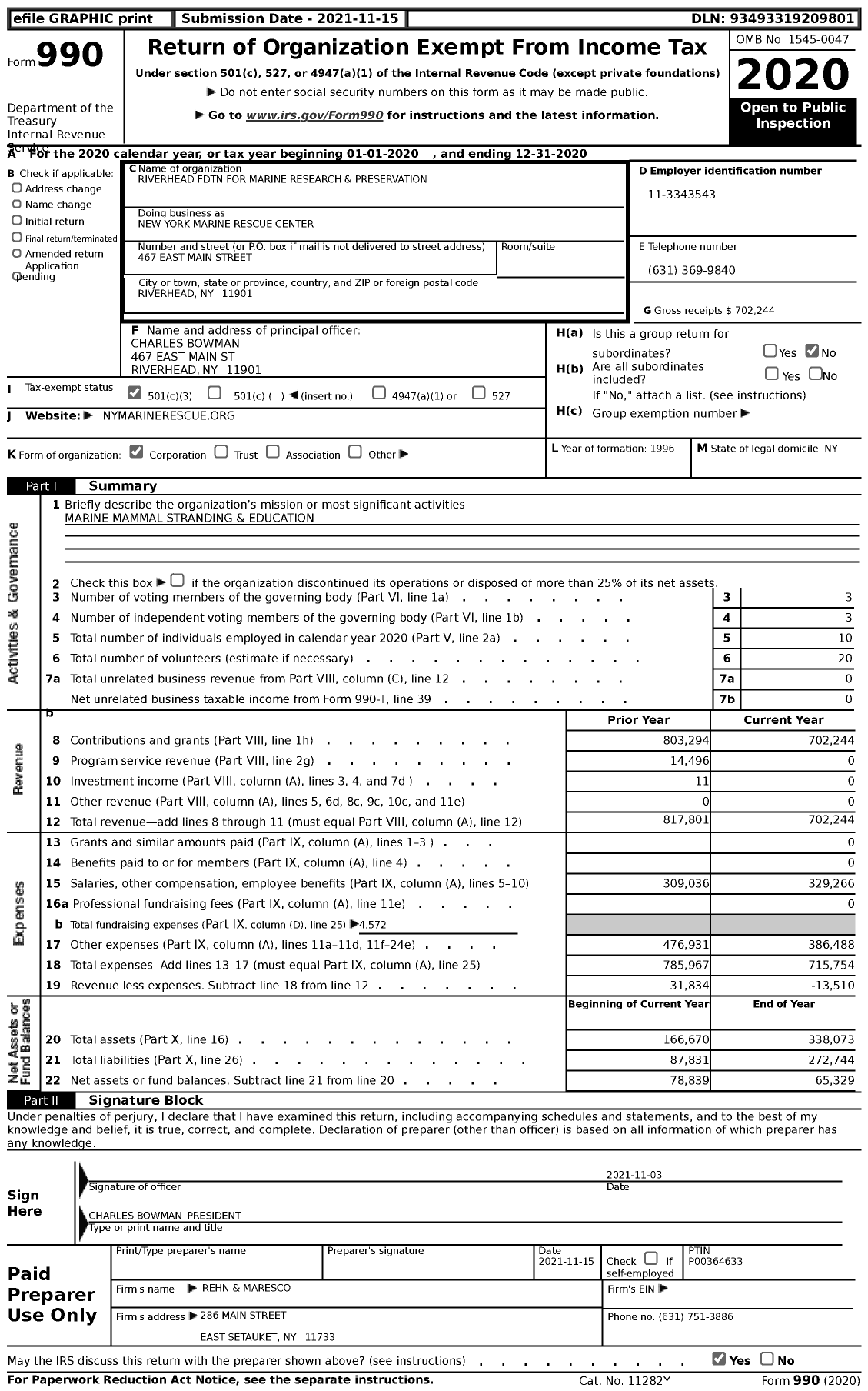 Image of first page of 2020 Form 990 for New York Marine Rescue Center