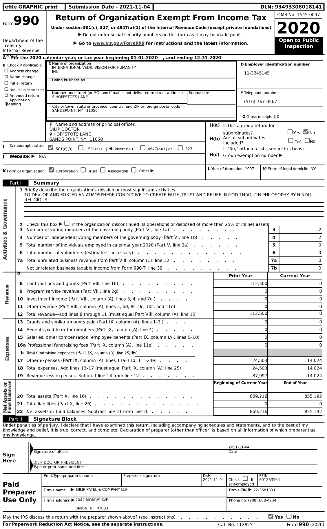 Image of first page of 2020 Form 990 for International Vedic Vision for Humanity