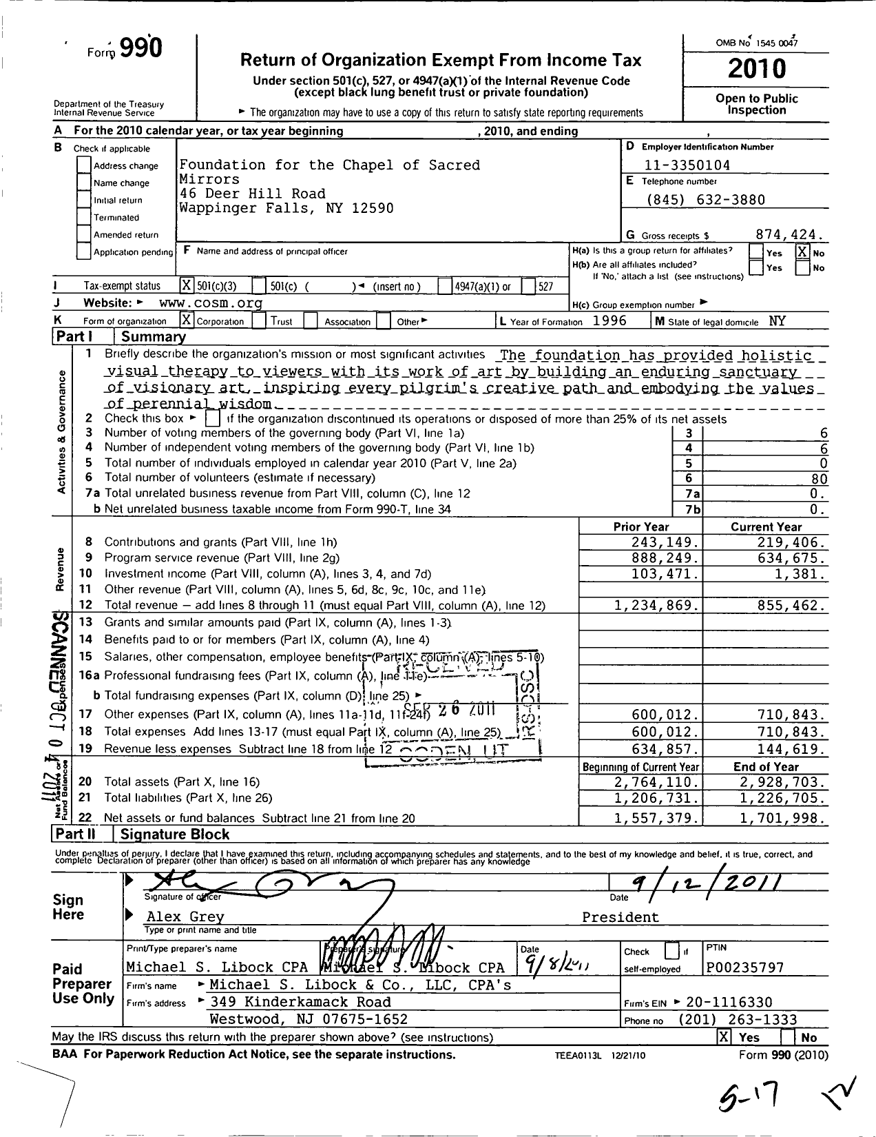 Image of first page of 2010 Form 990 for Foundation for the Chapel of Sacred Sacred Mirrors