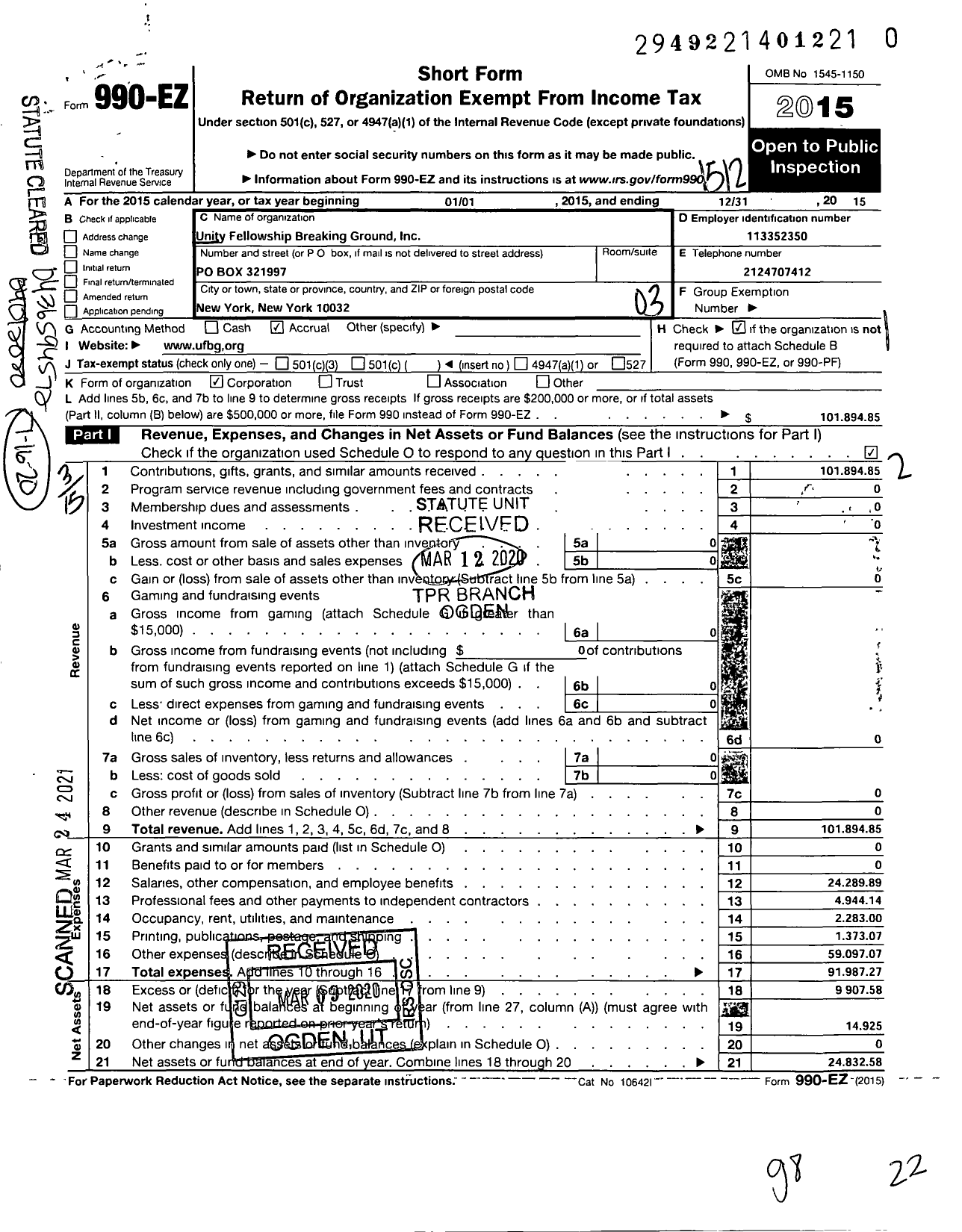 Image of first page of 2015 Form 990EZ for Unity Fellowship Breaking Ground