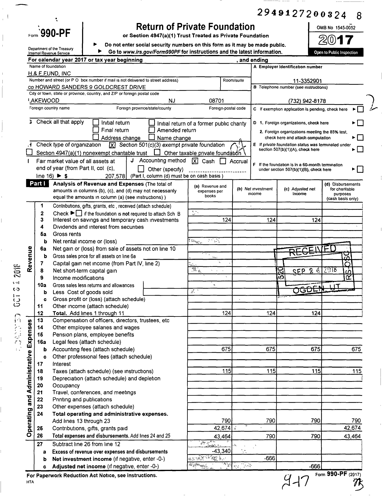 Image of first page of 2017 Form 990PF for H and F Fund