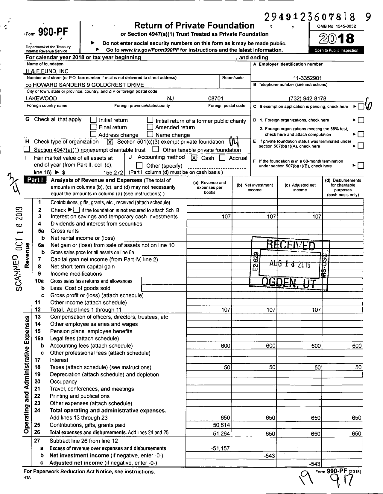 Image of first page of 2018 Form 990PF for H and F Fund