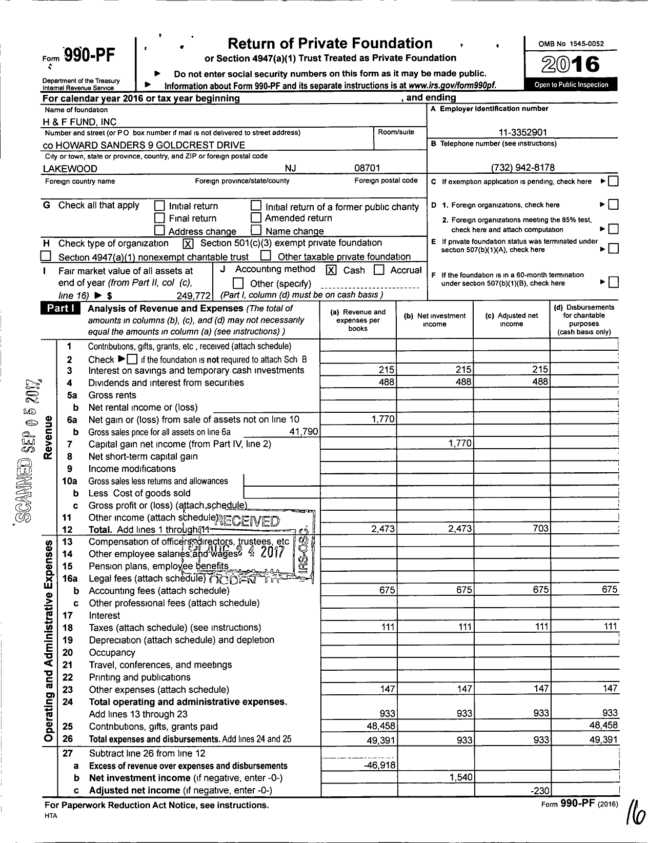 Image of first page of 2016 Form 990PF for H and F Fund