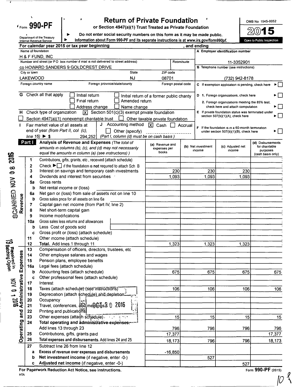 Image of first page of 2015 Form 990PF for H and F Fund
