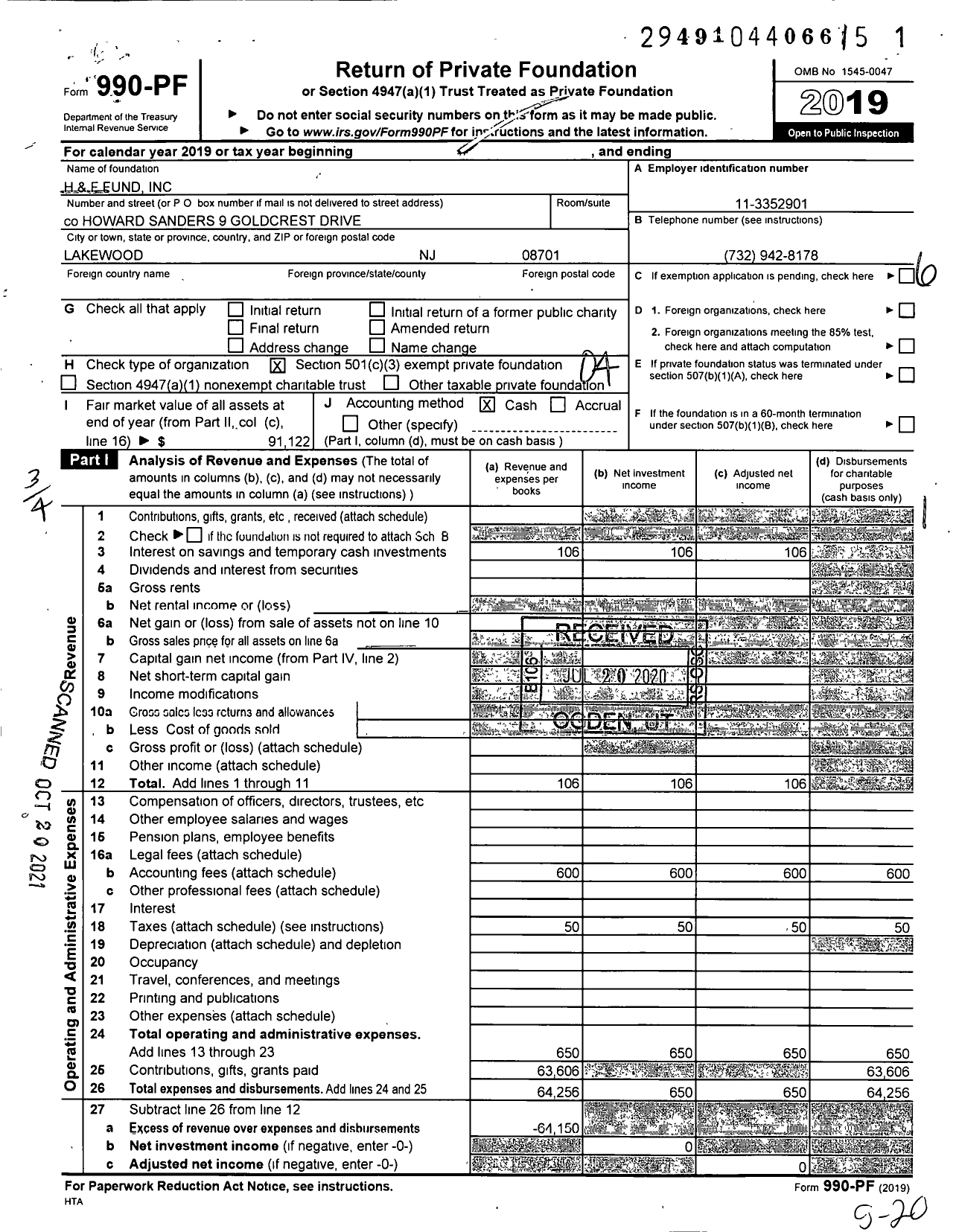 Image of first page of 2019 Form 990PF for H and F Fund