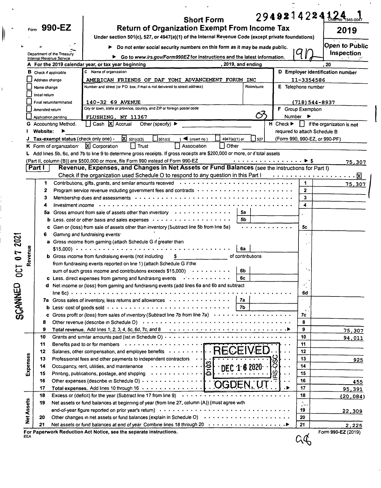 Image of first page of 2019 Form 990EZ for American Friends of Daf Yomi Advancement Forum