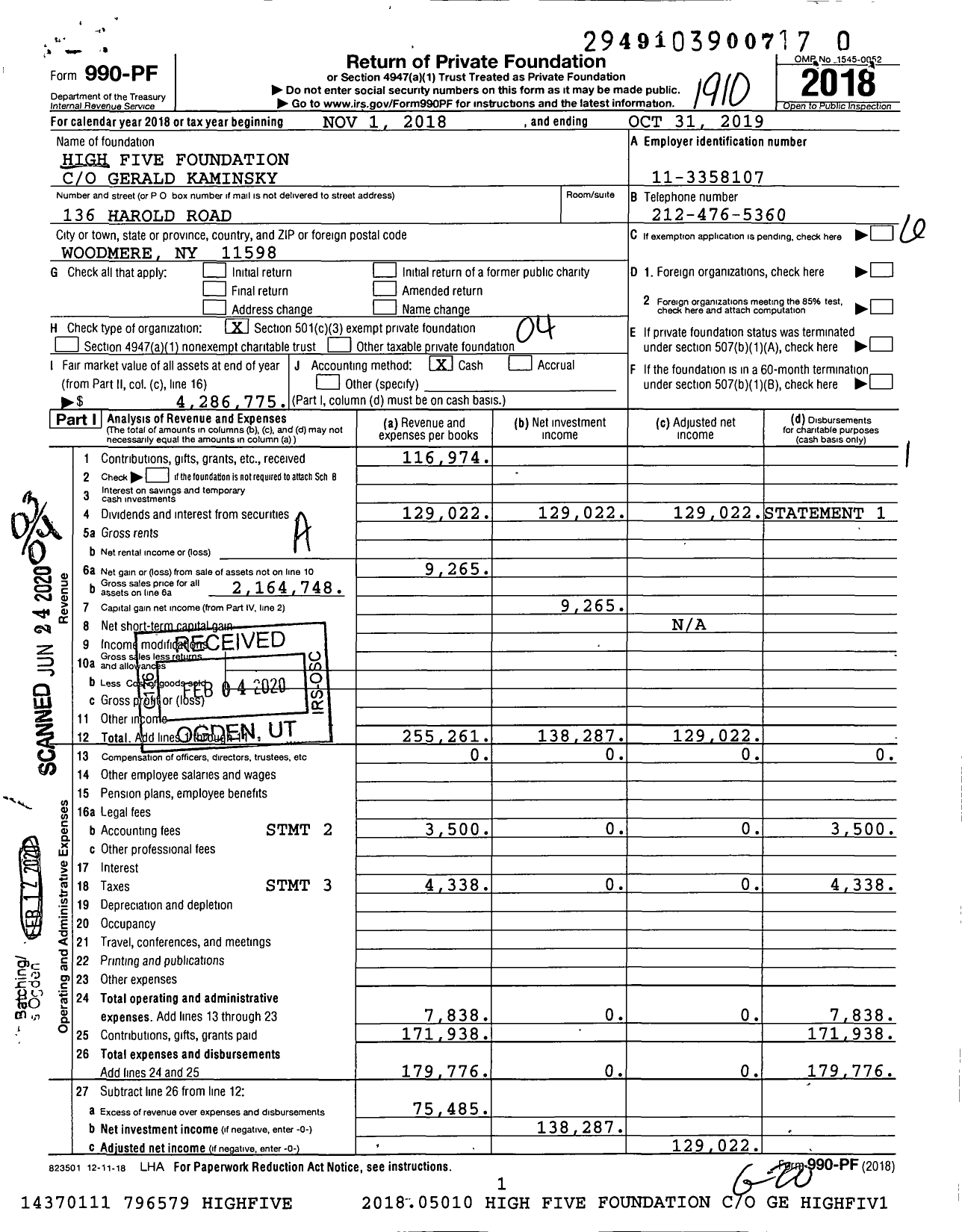 Image of first page of 2018 Form 990PR for High Five Foundation