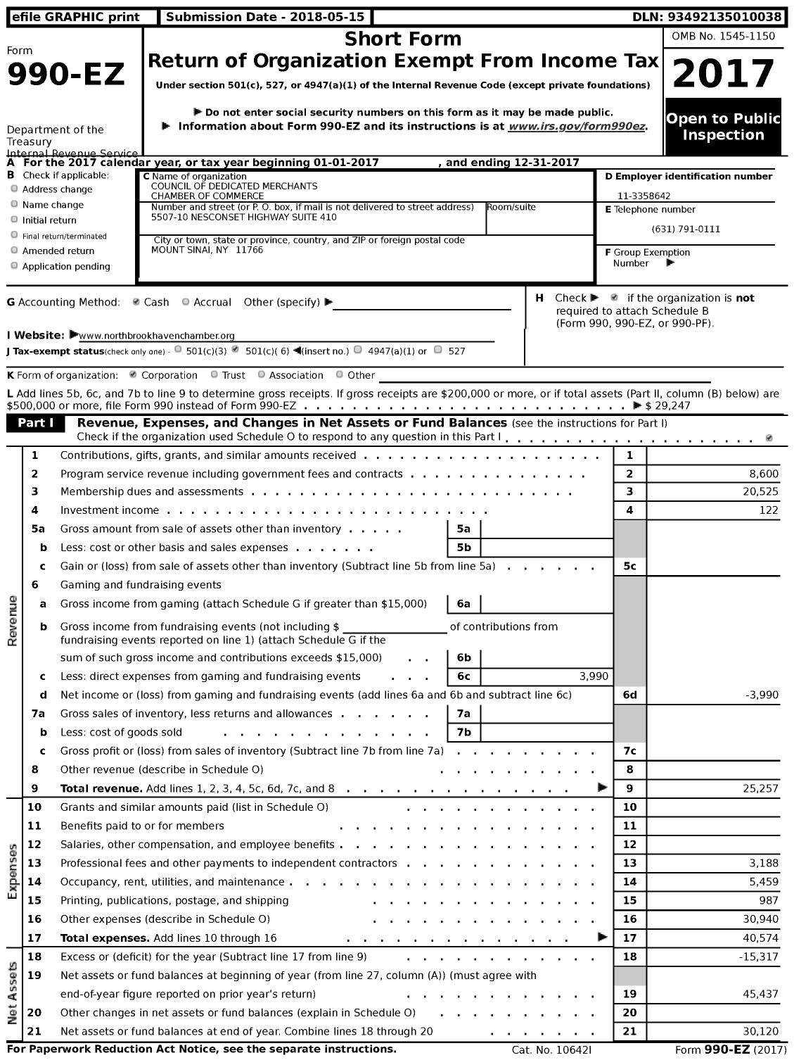 Image of first page of 2017 Form 990EZ for North Brookhaven Chamber of Commerce