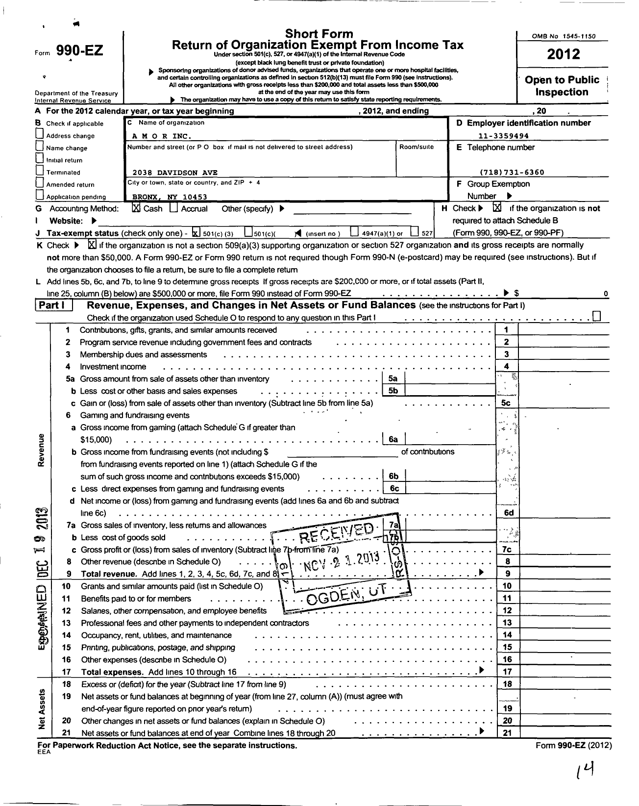 Image of first page of 2012 Form 990EZ for A M O R