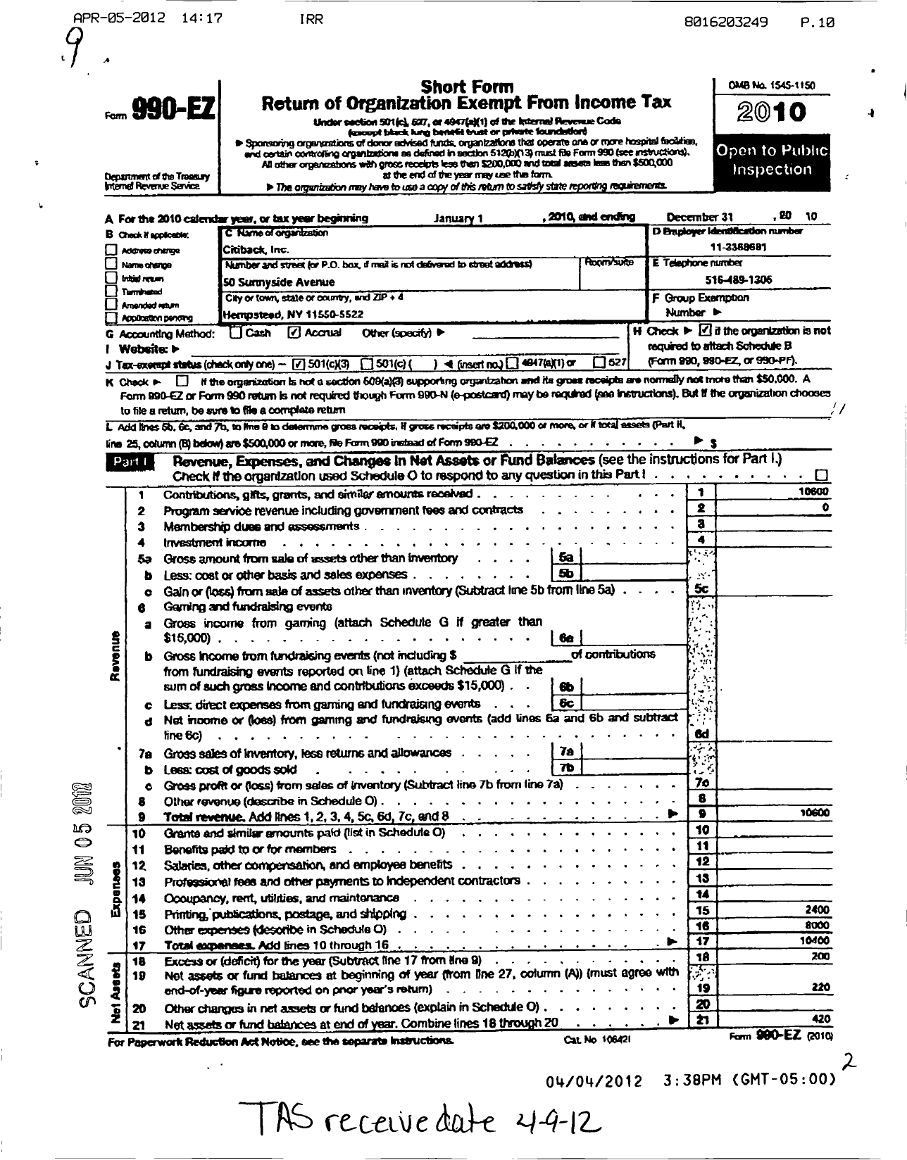 Image of first page of 2010 Form 990EZ for Citiback