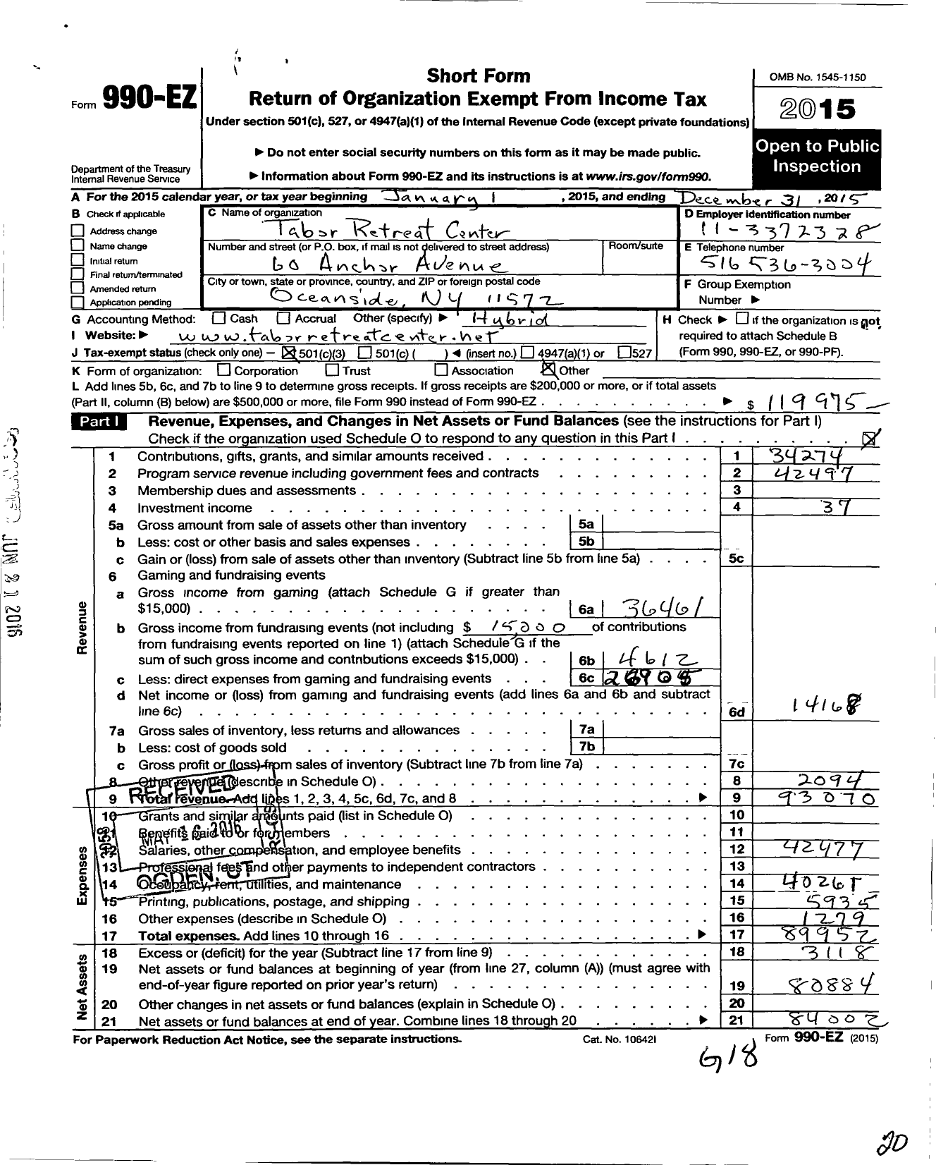 Image of first page of 2015 Form 990EZ for Tabor Retreat Center