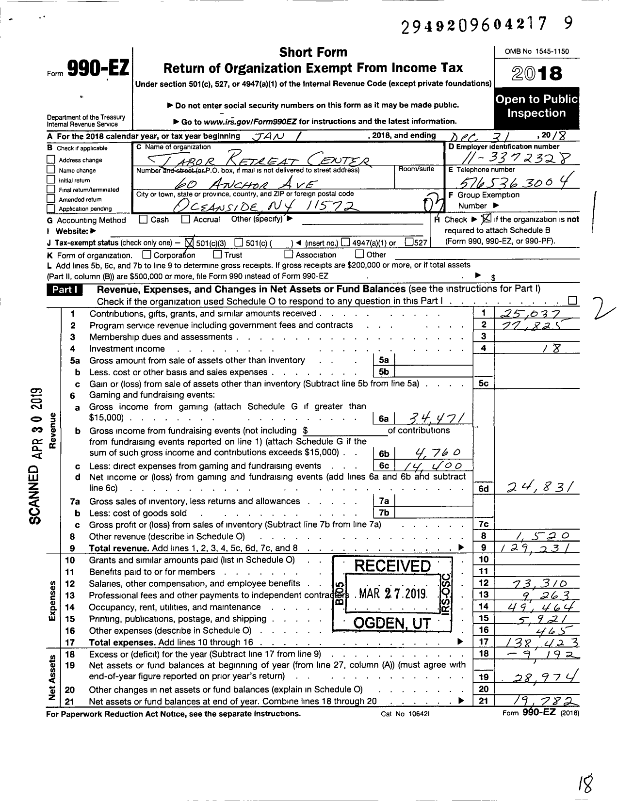 Image of first page of 2018 Form 990EZ for Tabor Retreat Center