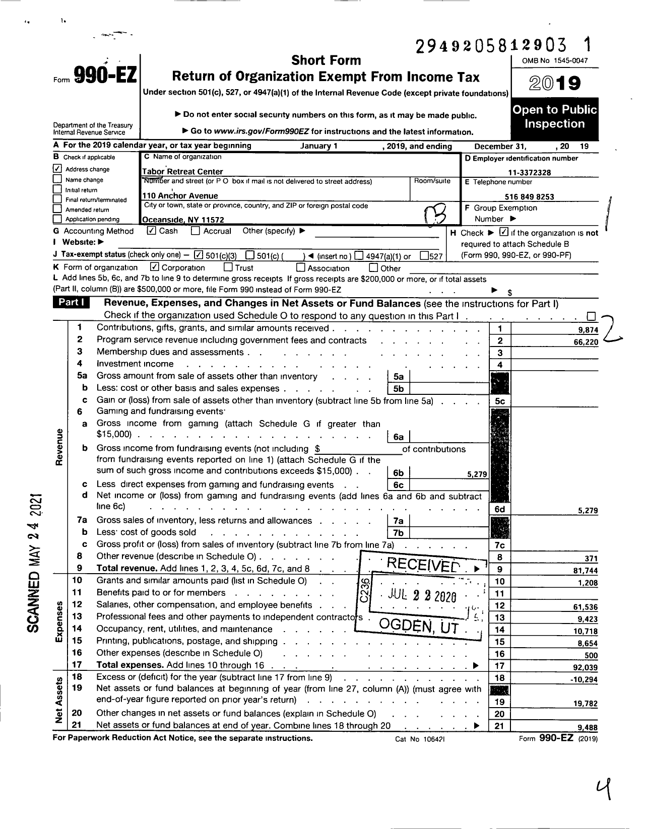 Image of first page of 2019 Form 990EZ for Tabor Retreat Center