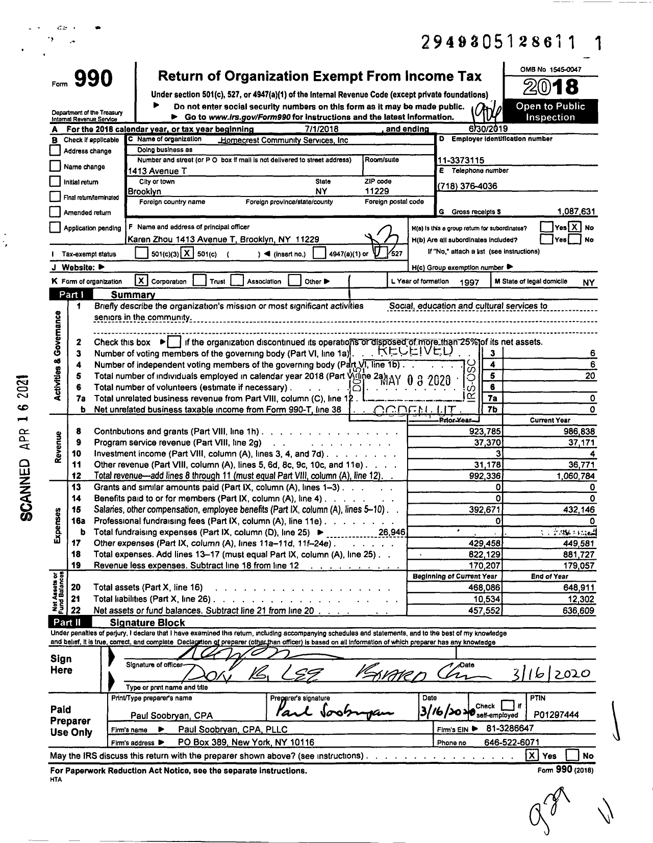 Image of first page of 2018 Form 990 for Homecrest Community Services