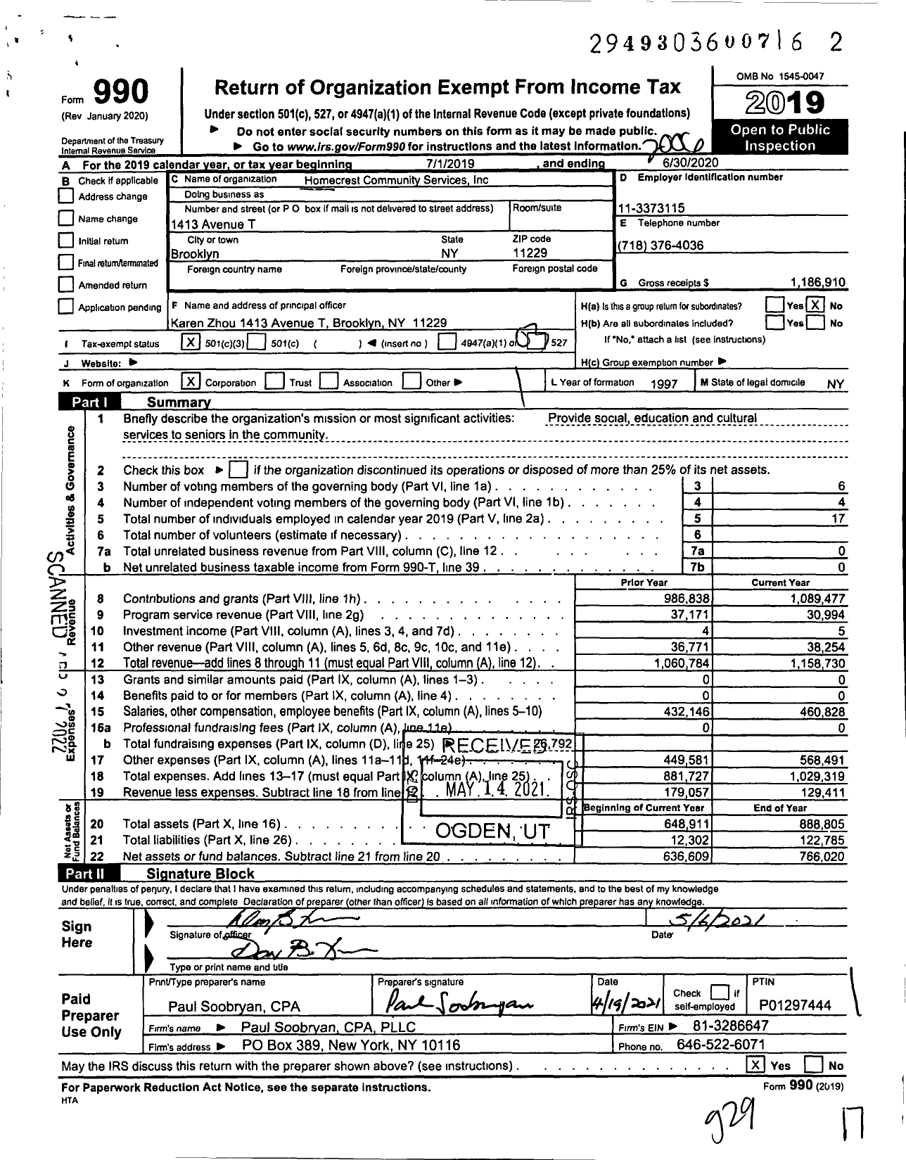 Image of first page of 2019 Form 990 for Homecrest Community Services