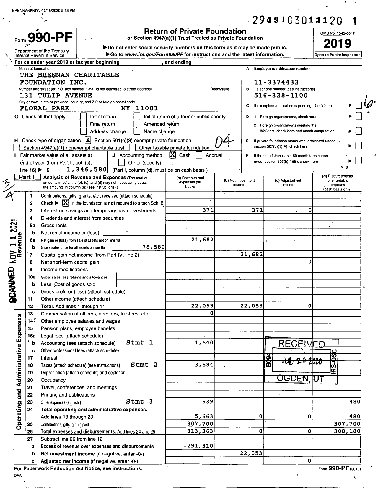 Image of first page of 2019 Form 990PF for The Brennan Charitable Foundation