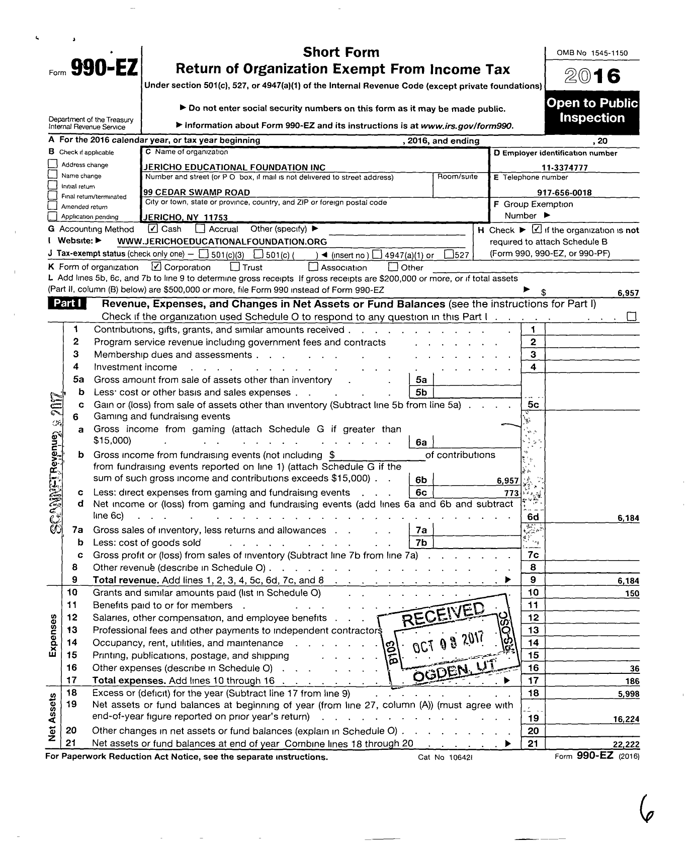 Image of first page of 2016 Form 990EO for Jericho Educational Foundation