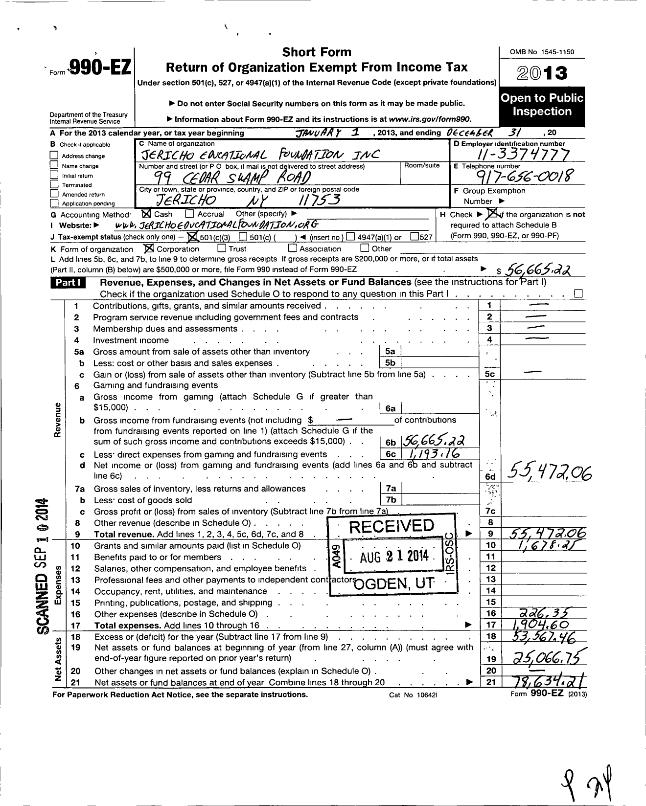 Image of first page of 2013 Form 990EZ for Jericho Educational Foundation