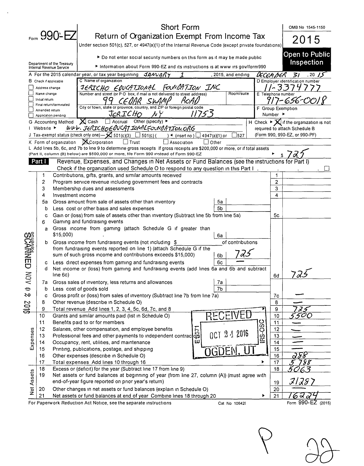 Image of first page of 2015 Form 990EZ for Jericho Educational Foundation