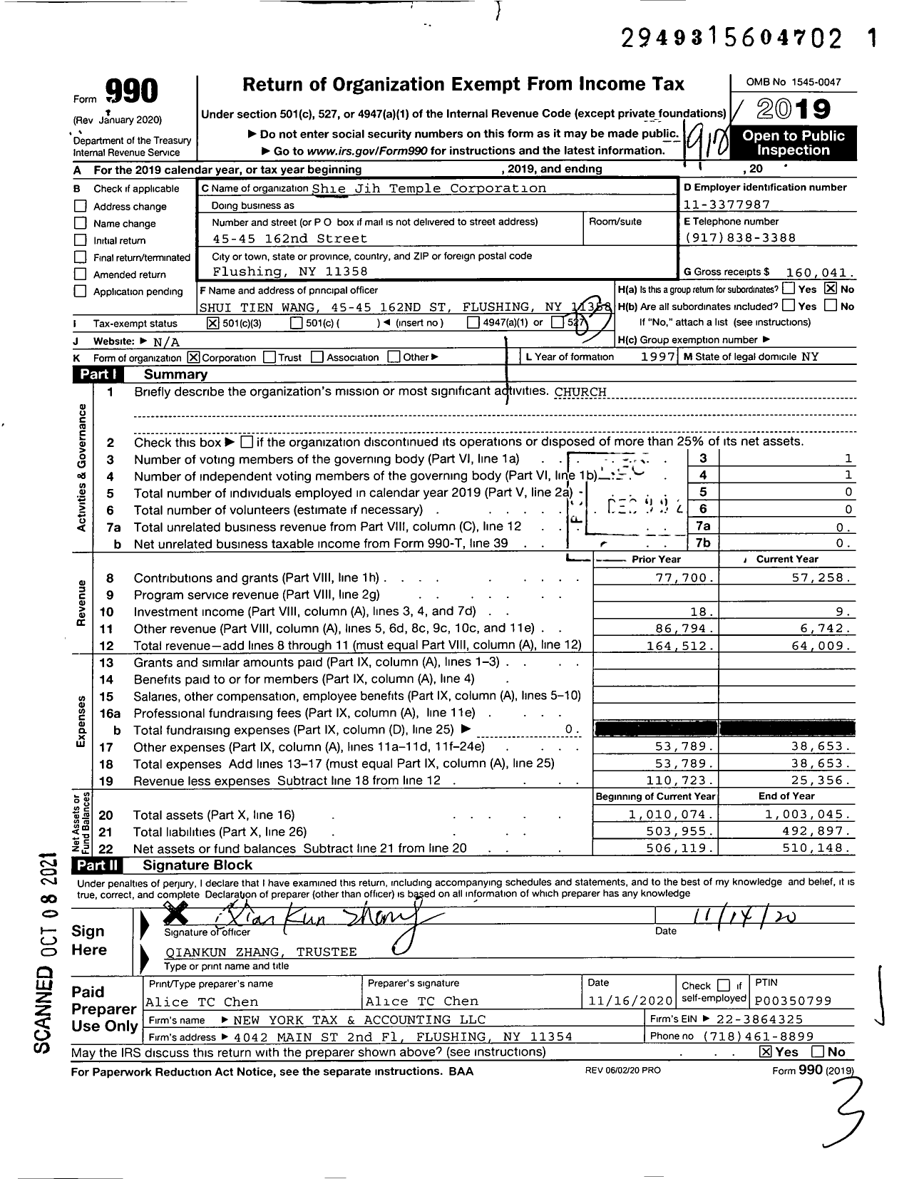 Image of first page of 2019 Form 990 for Shie Jih Temple Corporation