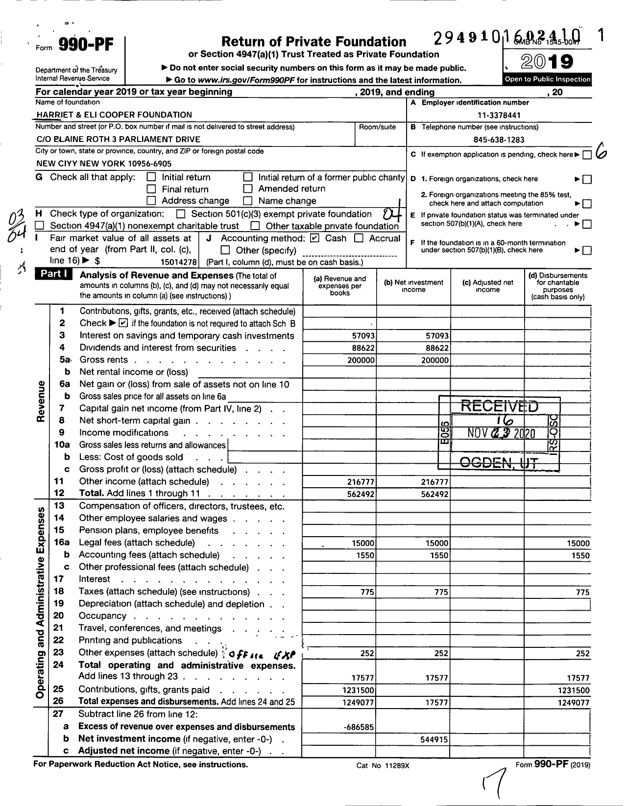 Image of first page of 2019 Form 990PF for Harriet And Eli Cooper Foundation