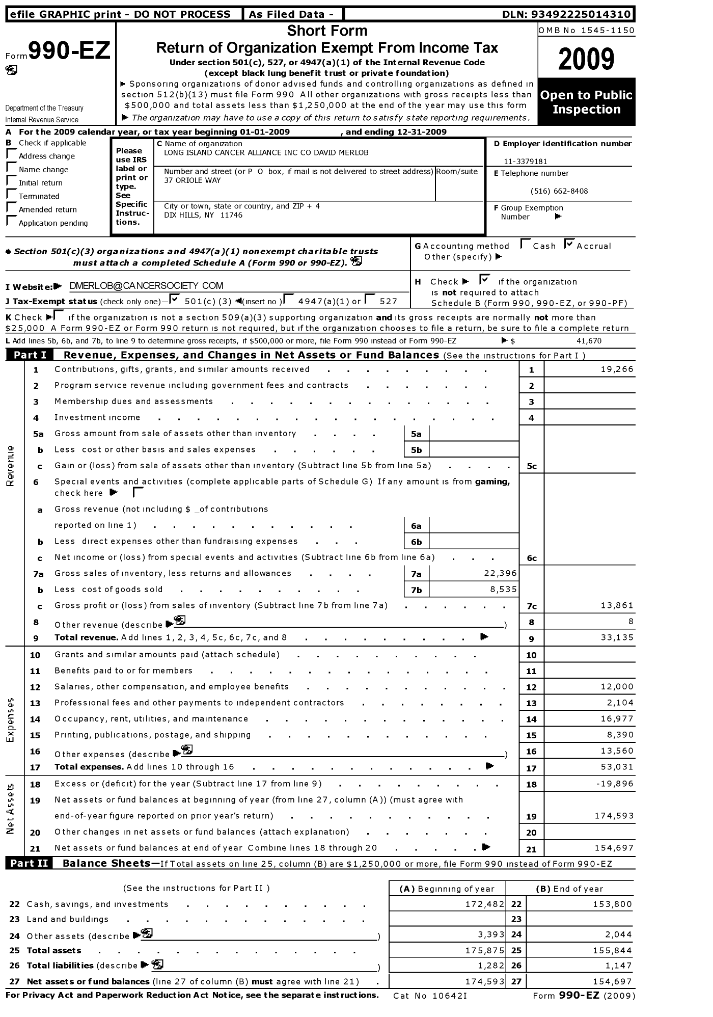 Image of first page of 2009 Form 990EZ for Long Island Cancer Alliance