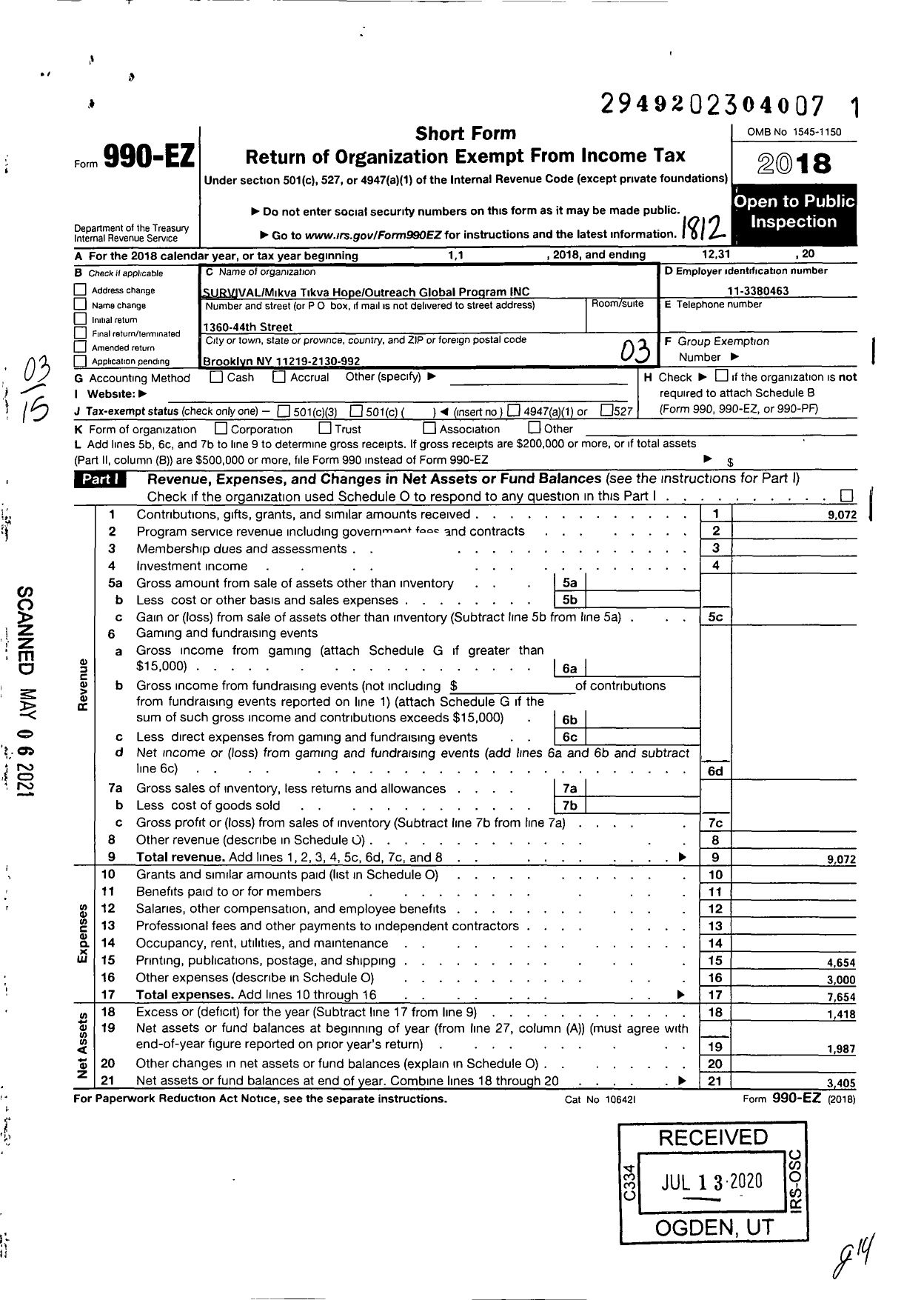 Image of first page of 2018 Form 990EZ for Survival Mikva Tikva Hope Mikva Outreach Global Programs