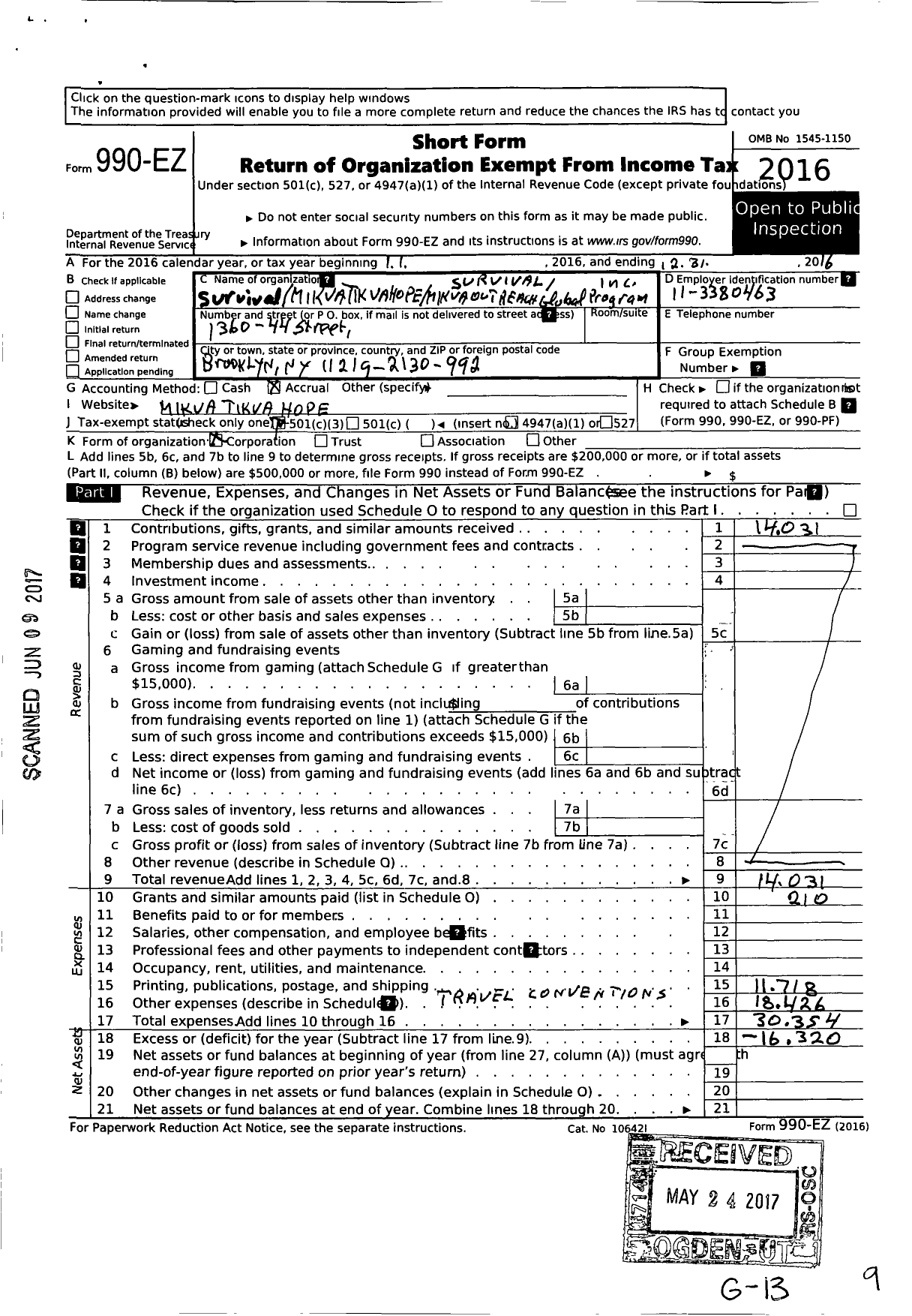 Image of first page of 2016 Form 990EZ for Survival Mikva Tikva Hope Mikva Outreach Global Programs