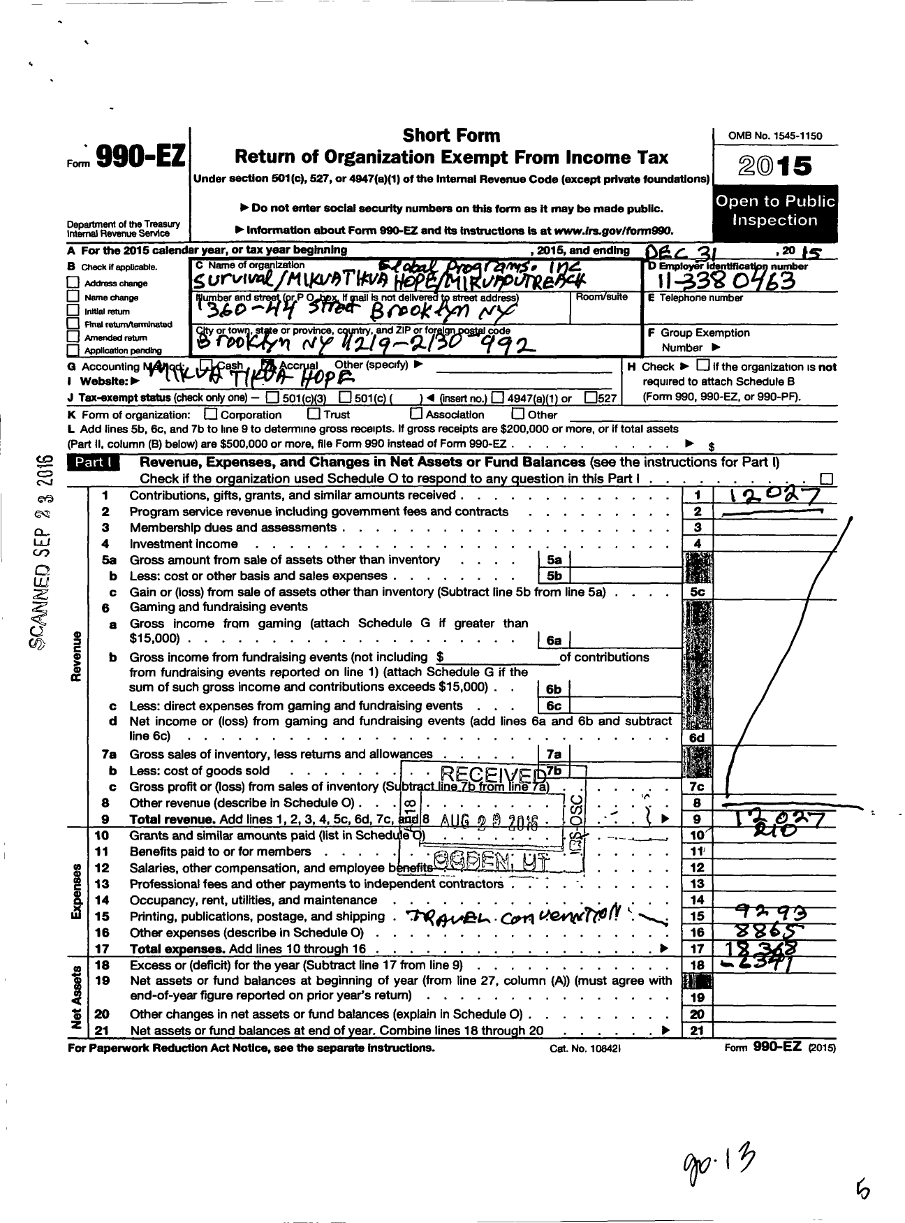 Image of first page of 2015 Form 990EO for Survival Mikva Tikva Hope Mikva Outreach Global Programs