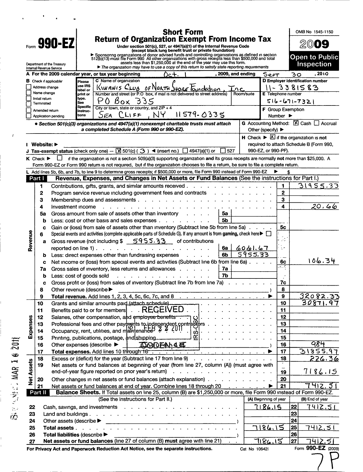 Image of first page of 2009 Form 990EZ for Kiwanis Club of North Shore Foundation