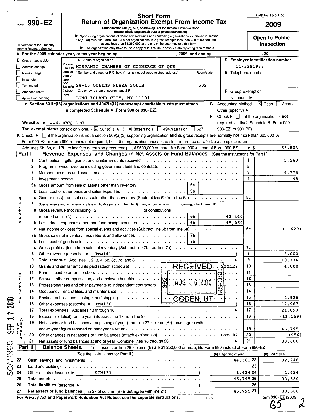 Image of first page of 2009 Form 990EO for Hispanic Chamber of Commerce of Queens