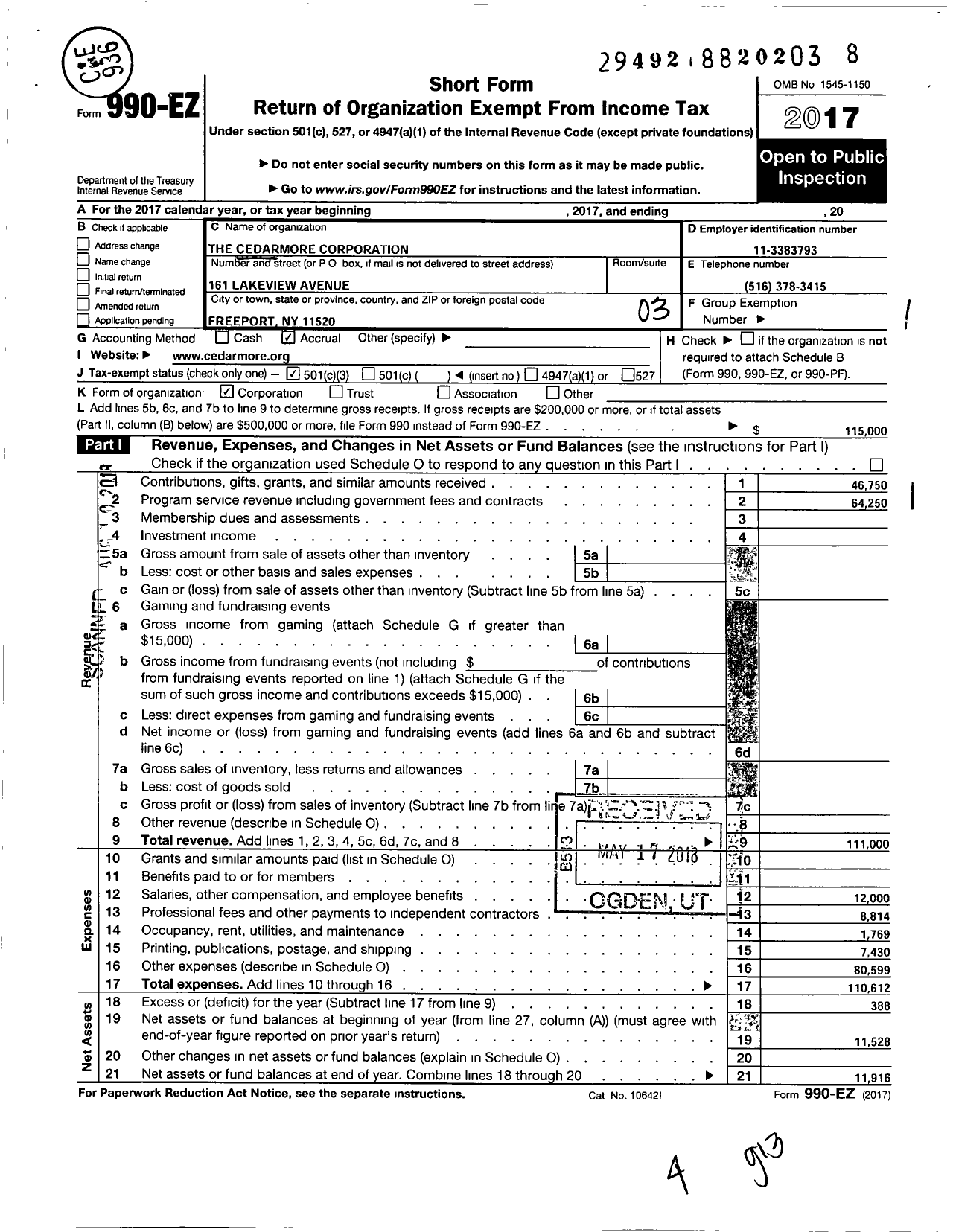 Image of first page of 2017 Form 990EZ for The Cedarmore Corporation