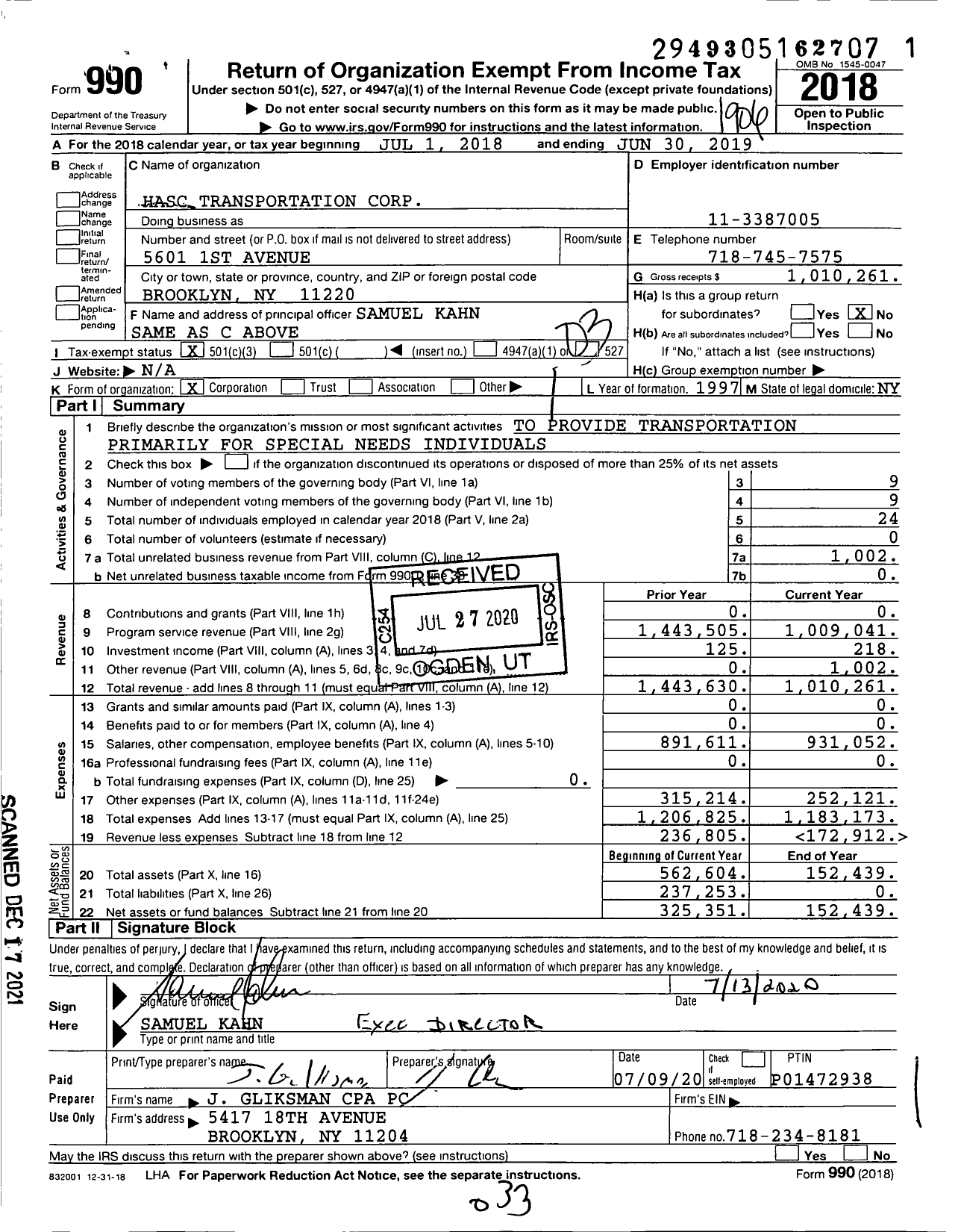 Image of first page of 2018 Form 990 for Hasc Transportation Corporation