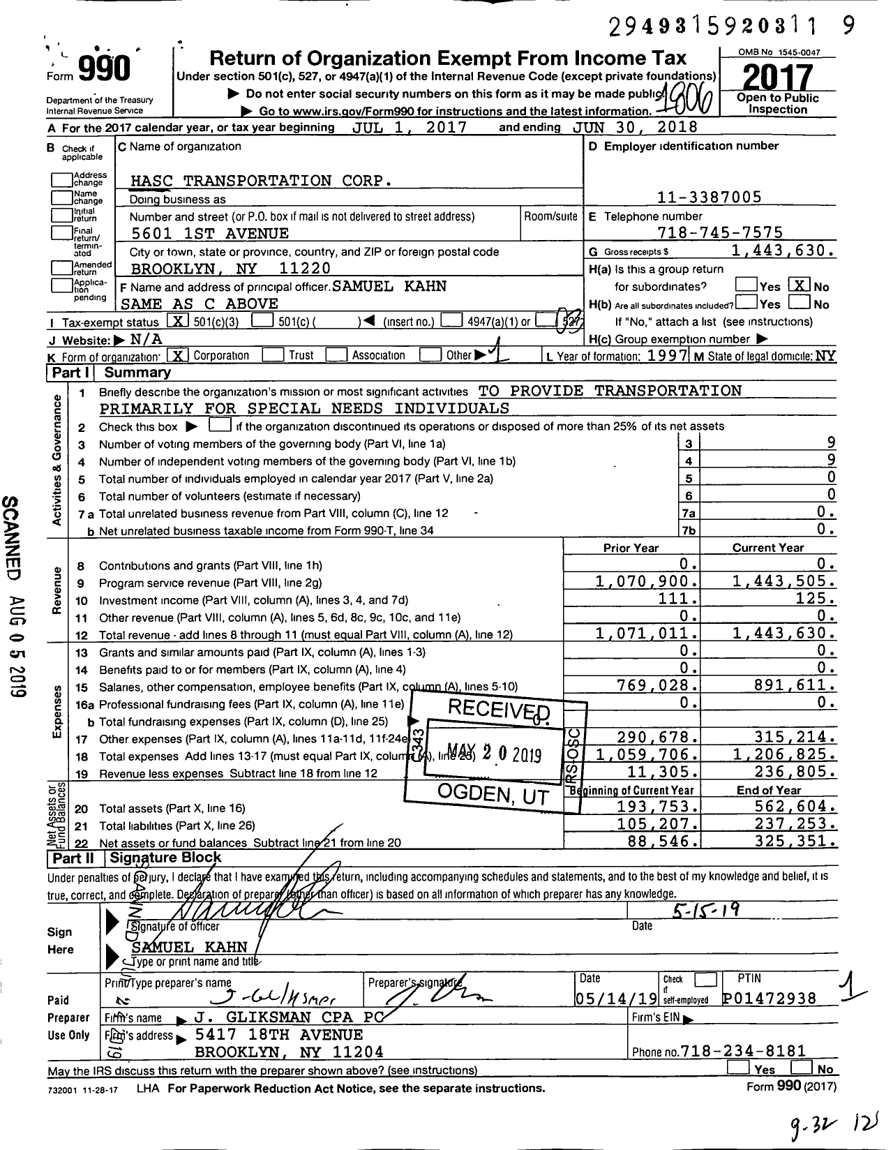 Image of first page of 2017 Form 990 for Hasc Transportation Corporation