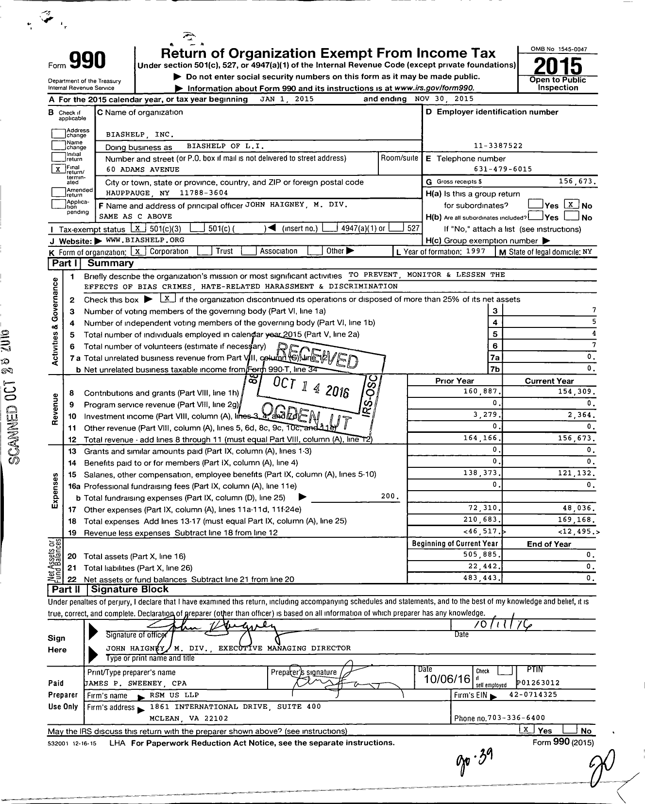Image of first page of 2014 Form 990 for Biashelp