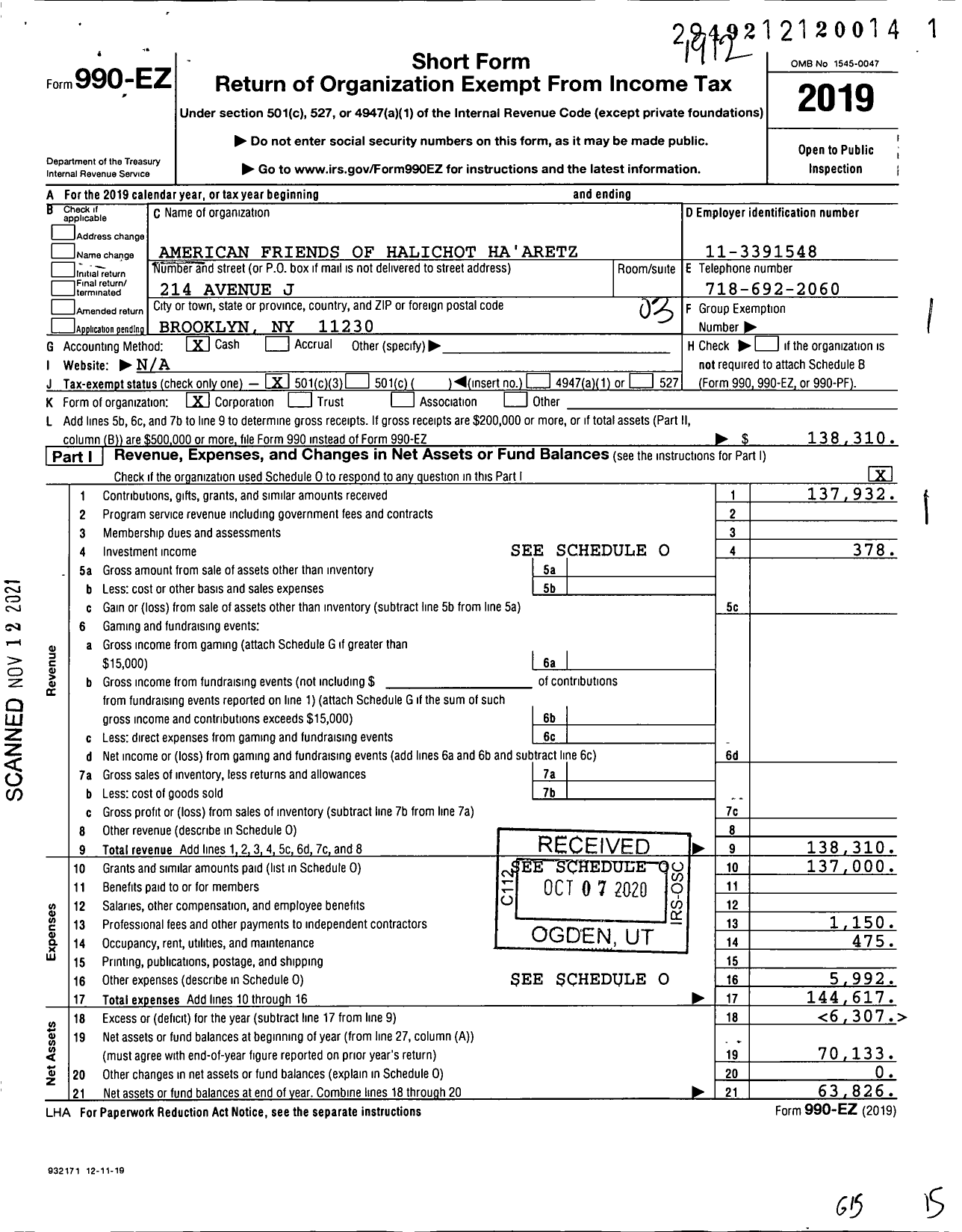 Image of first page of 2019 Form 990EZ for American Friends of Halichot Ha'aretz