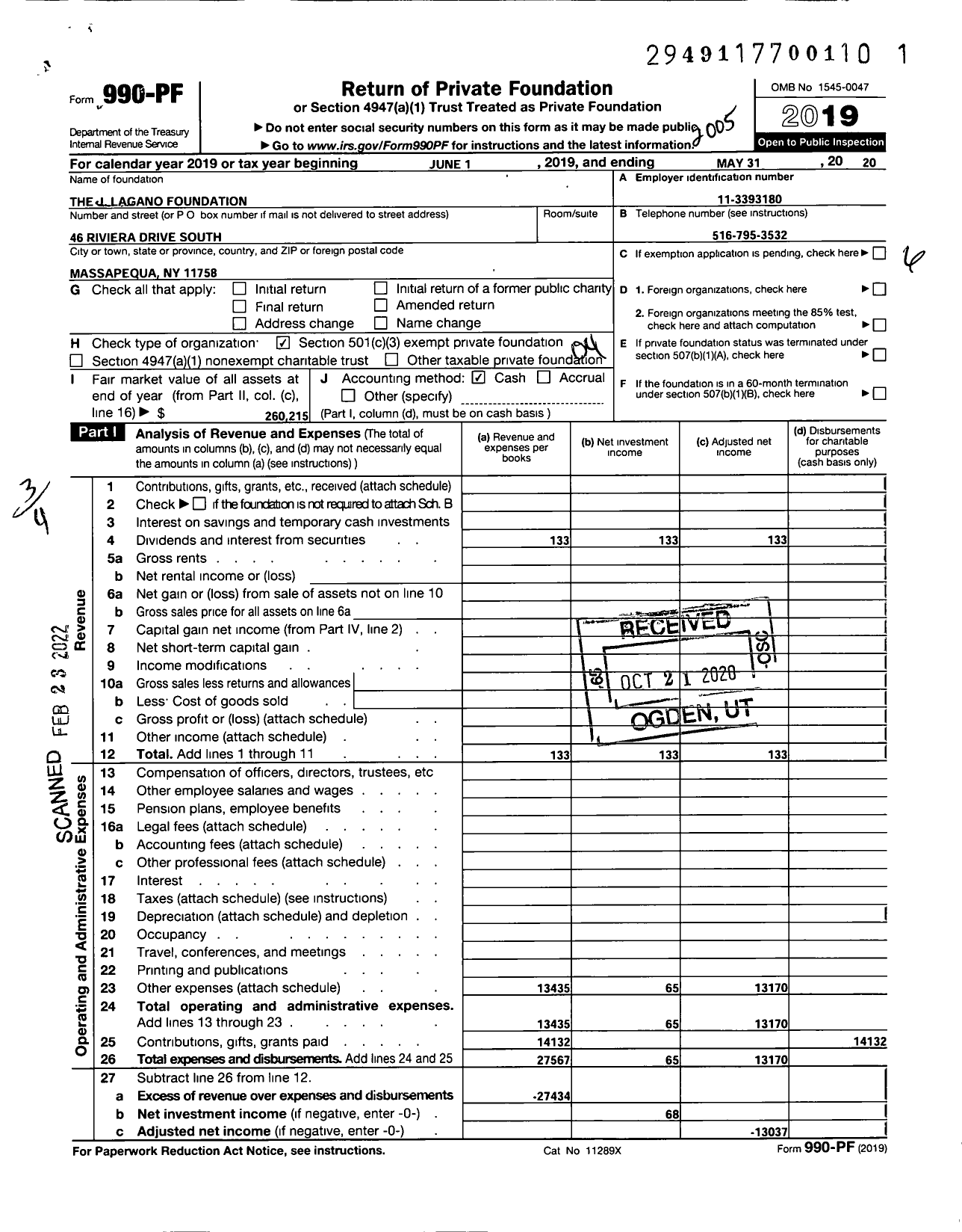 Image of first page of 2019 Form 990PF for The J Lagano Family Foundation