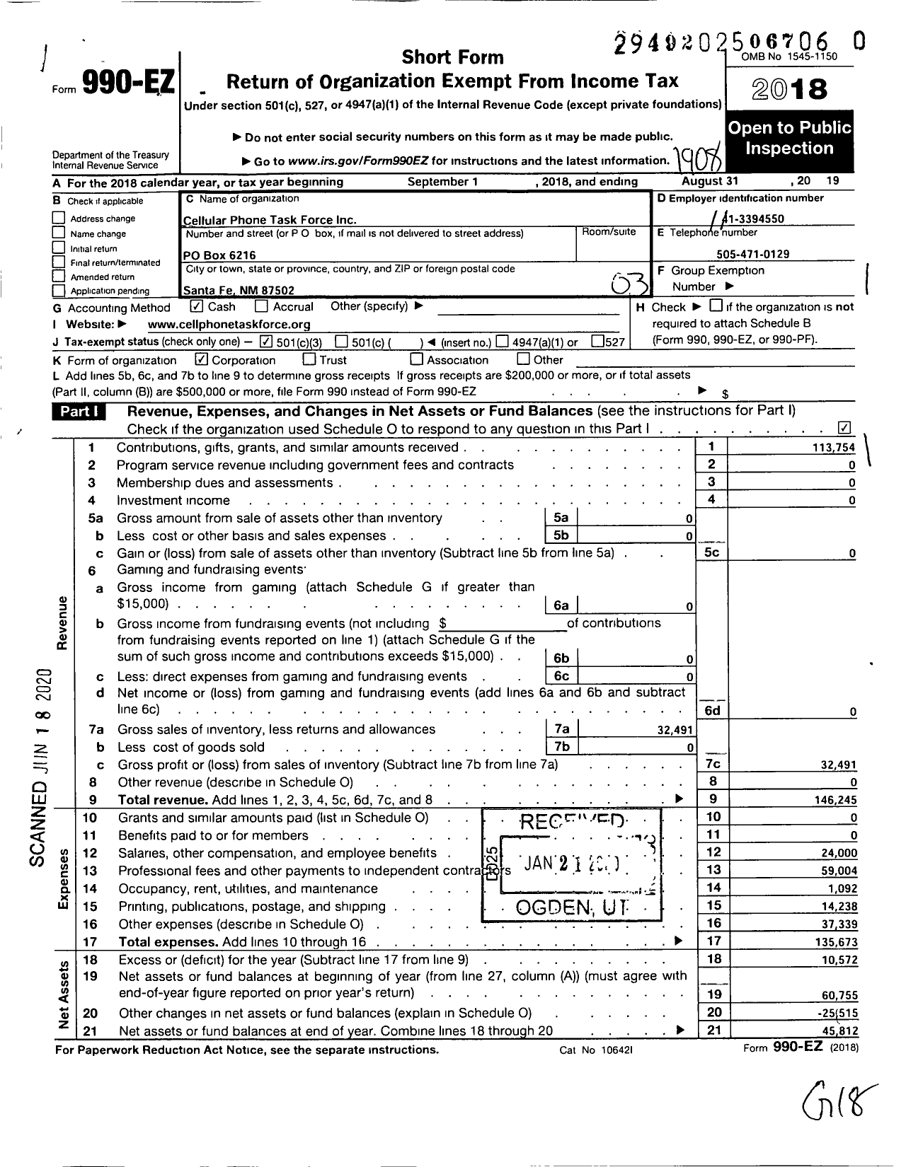 Image of first page of 2018 Form 990EZ for Cellular Phone Task Force