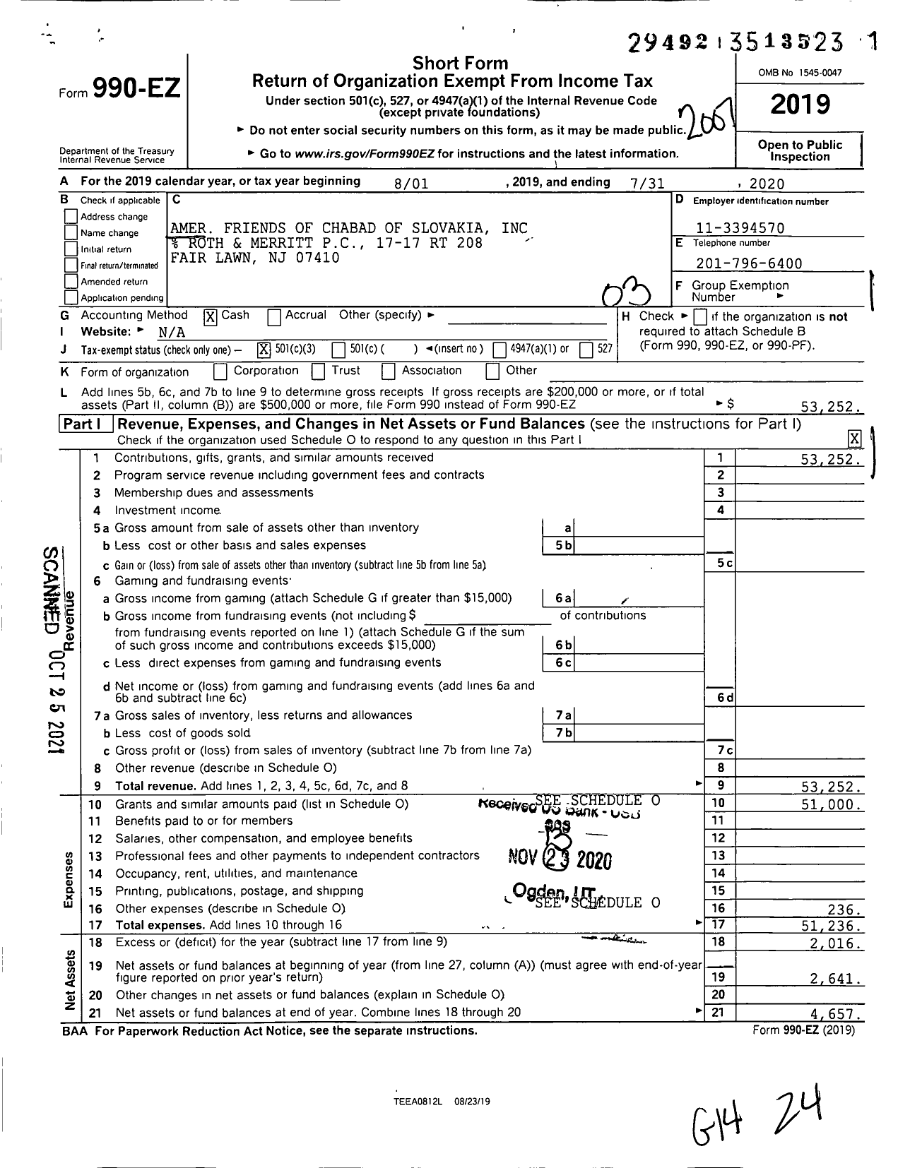 Image of first page of 2019 Form 990EZ for Amer Friends of Chabad of Slovakia