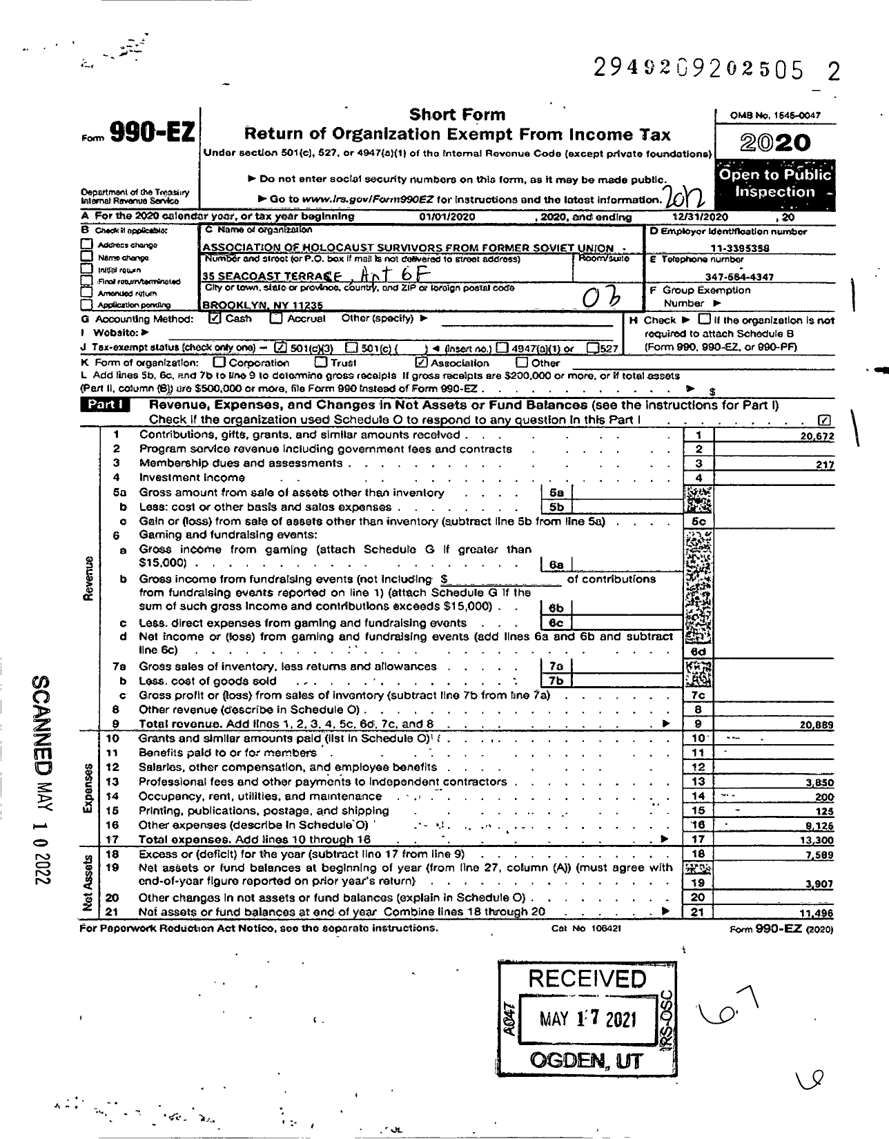 Image of first page of 2020 Form 990EZ for Association of Holocaust Survivors From the Former Soviet Union