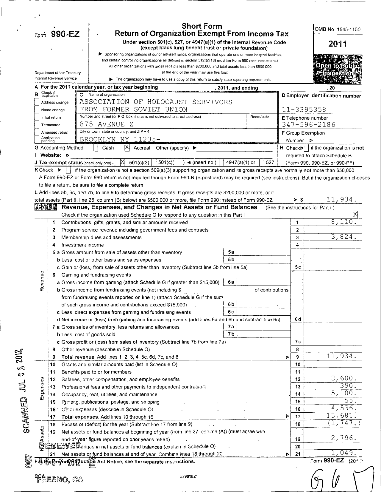 Image of first page of 2011 Form 990EZ for Association of Holocaust Survivors From the Former Soviet Union