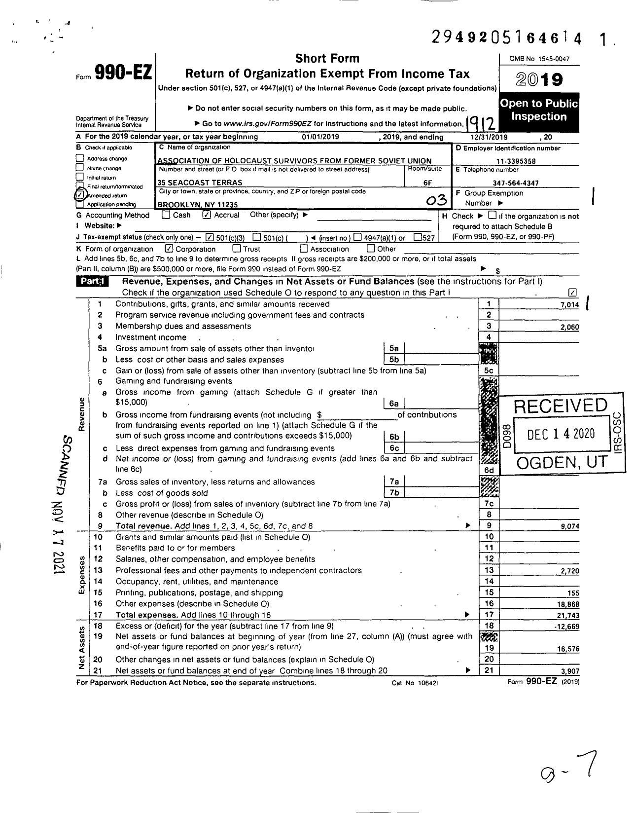 Image of first page of 2019 Form 990EZ for Association of Holocaust Survivors From the Former Soviet Union