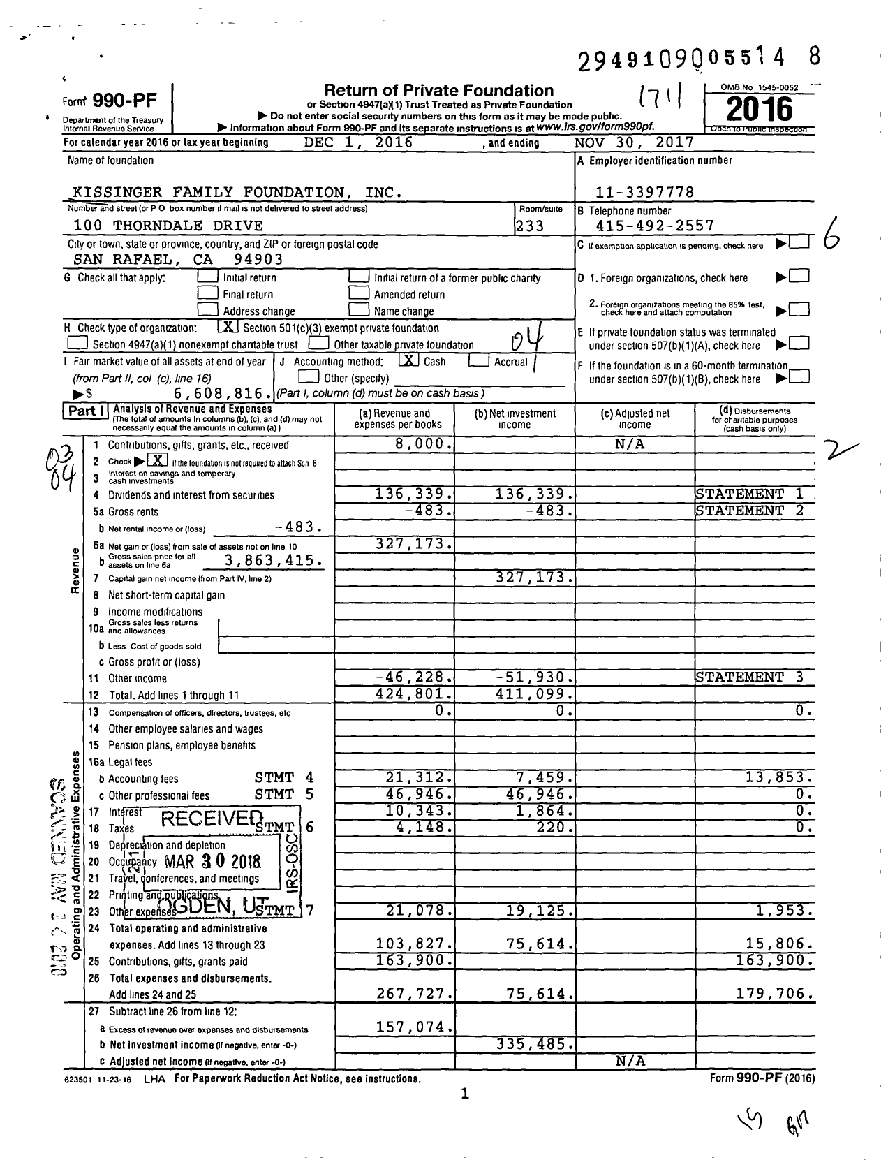 Image of first page of 2016 Form 990PF for Kissinger Family Foundation