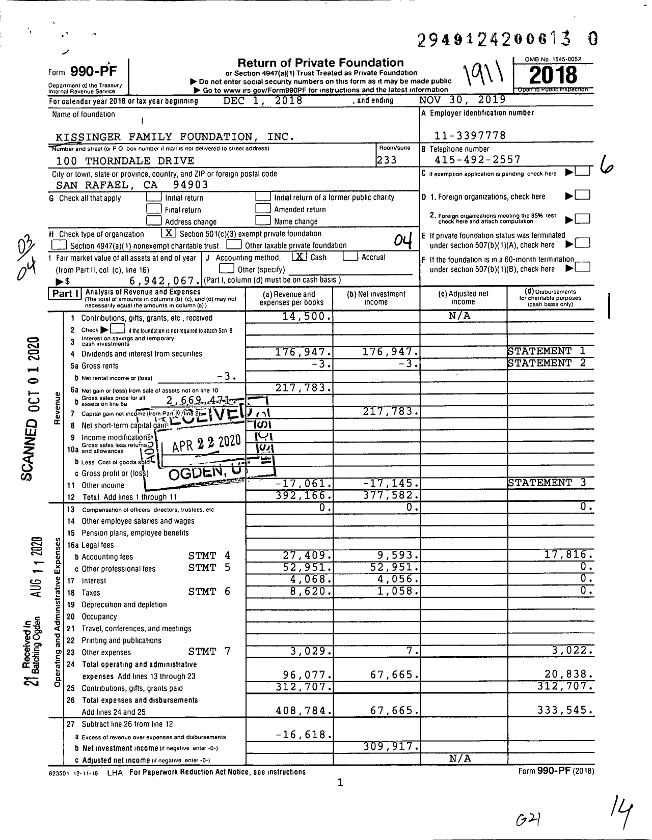 Image of first page of 2018 Form 990PR for Kissinger Family Foundation