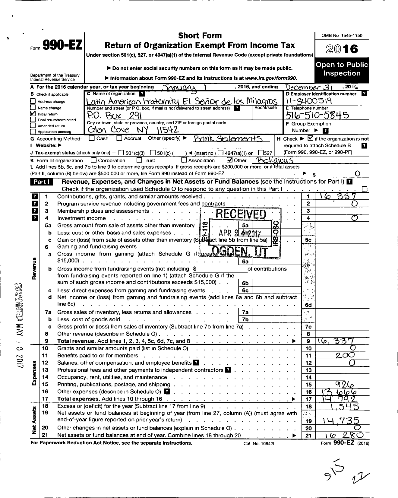 Image of first page of 2016 Form 990EO for Latin American Fraternity Hermandad Del Senor de Los Milagros de Glen Cove