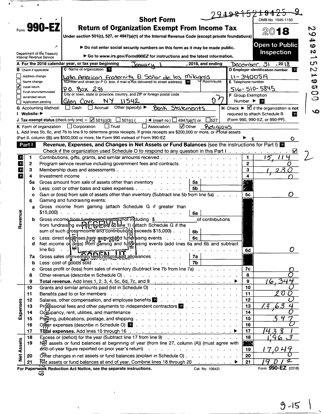 Image of first page of 2018 Form 990EZ for Latin American Fraternity Hermandad Del Senor de Los Milagros de Glen Cove