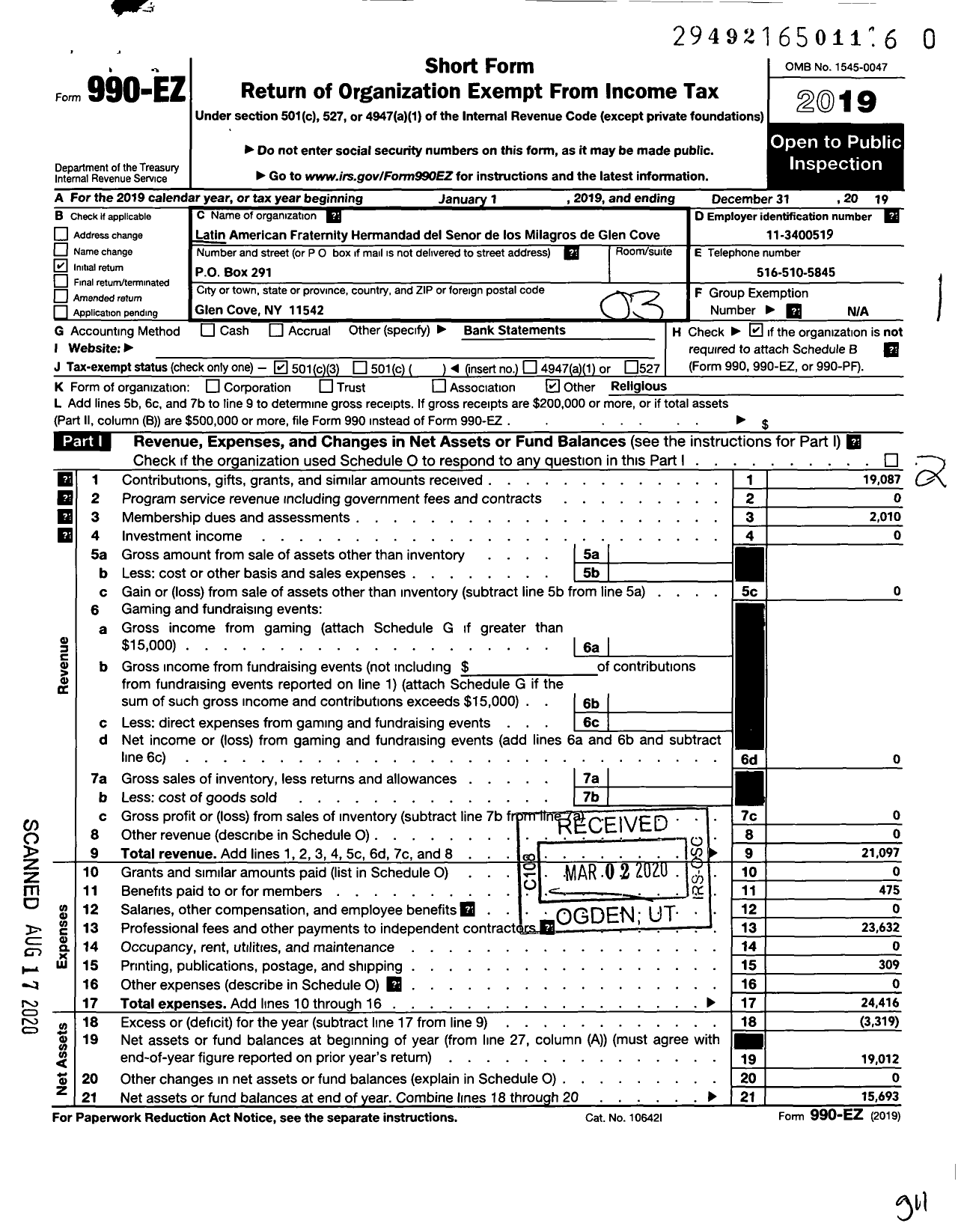 Image of first page of 2019 Form 990EZ for Latin American Fraternity Hermandad Del Senor de Los Milagros de Glen Cove