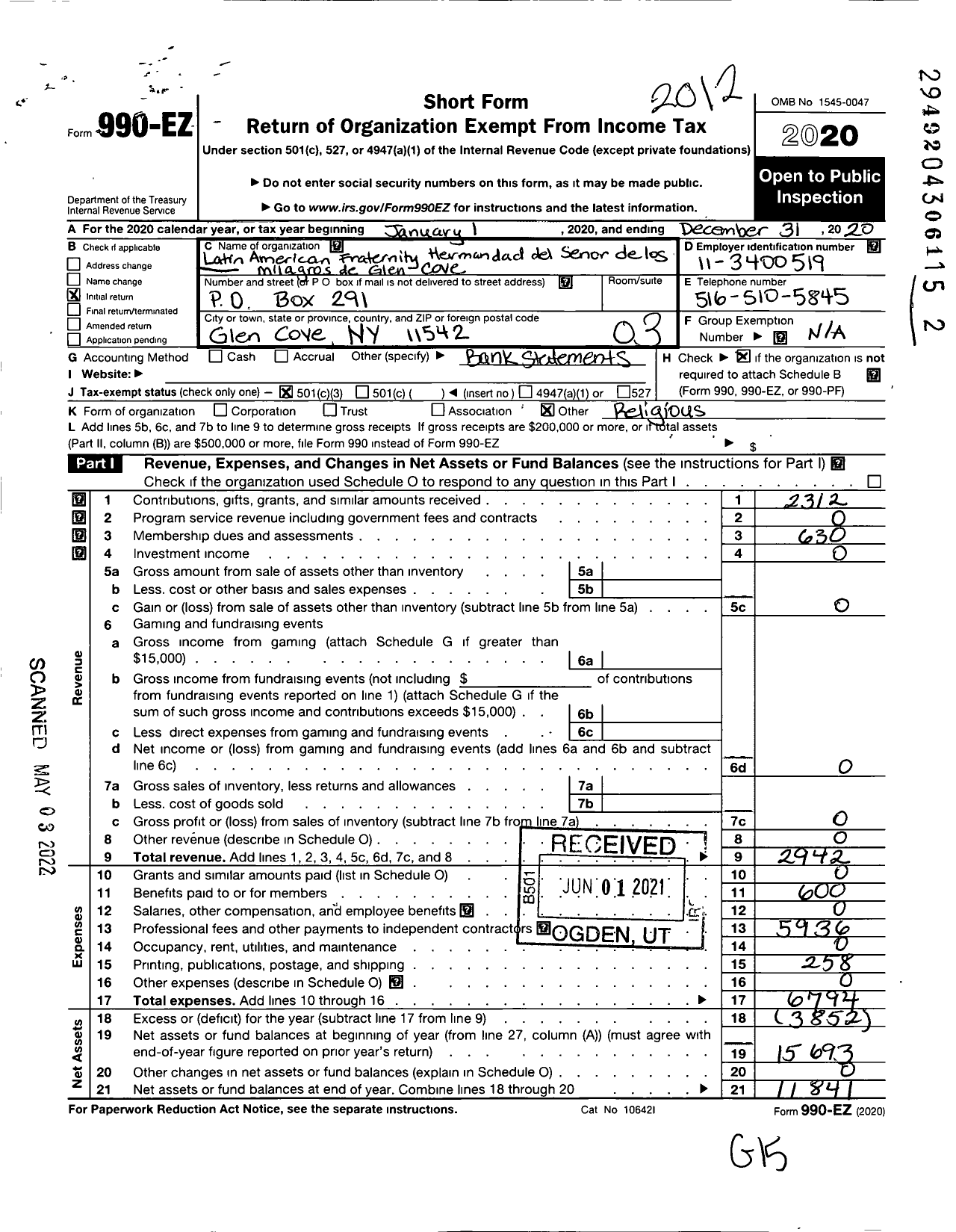 Image of first page of 2020 Form 990EZ for Latin American Fraternity Hermandad Del Senor de Los Milagros de Glen Cove